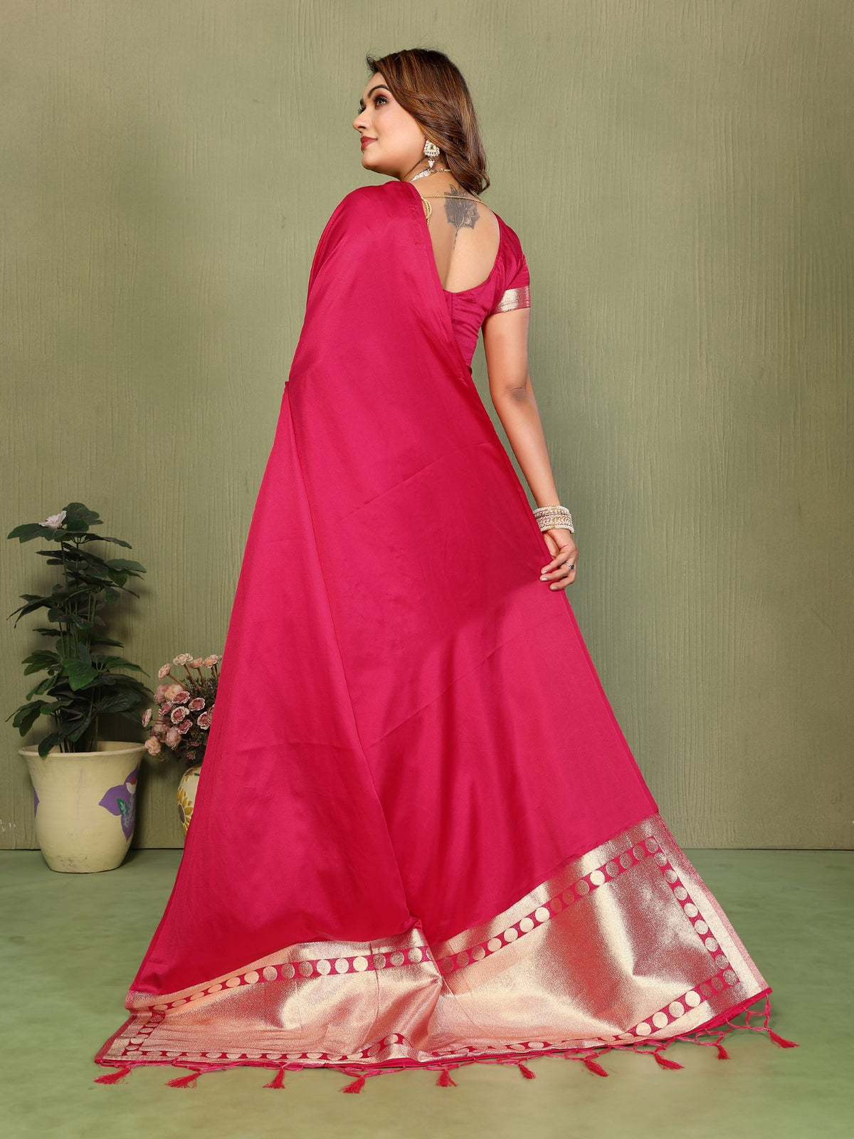Magenta Soft Satin Silk Saree With Premium Zari Weaving