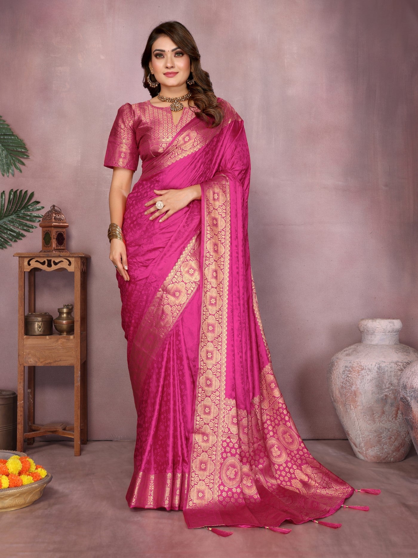 Magenta Soft Satin Silk Saree With Traditional Zari Weaving
