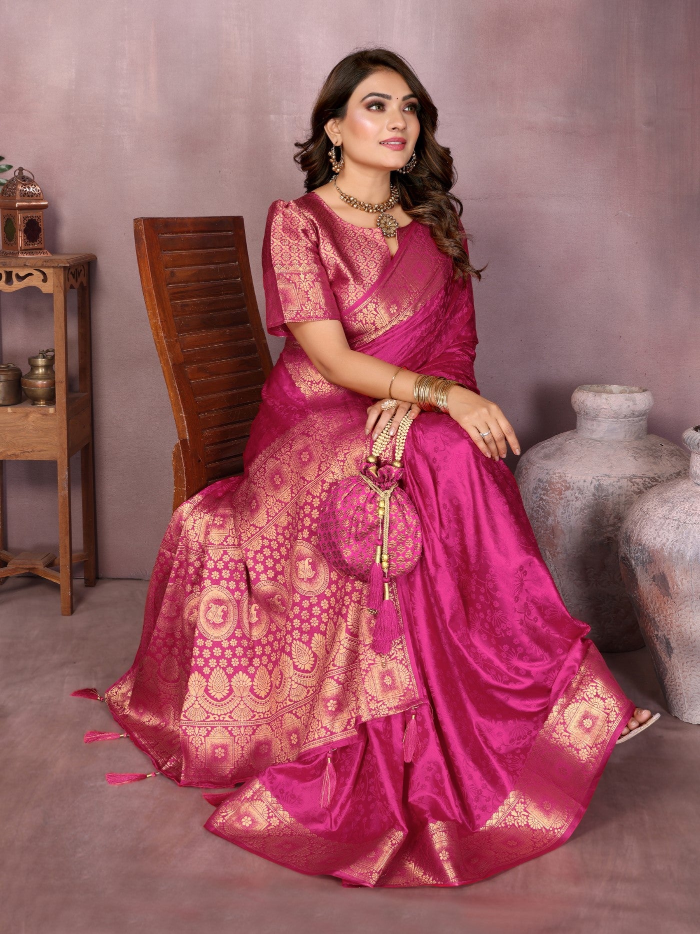 Magenta Soft Satin Silk Saree With Traditional Zari Weaving