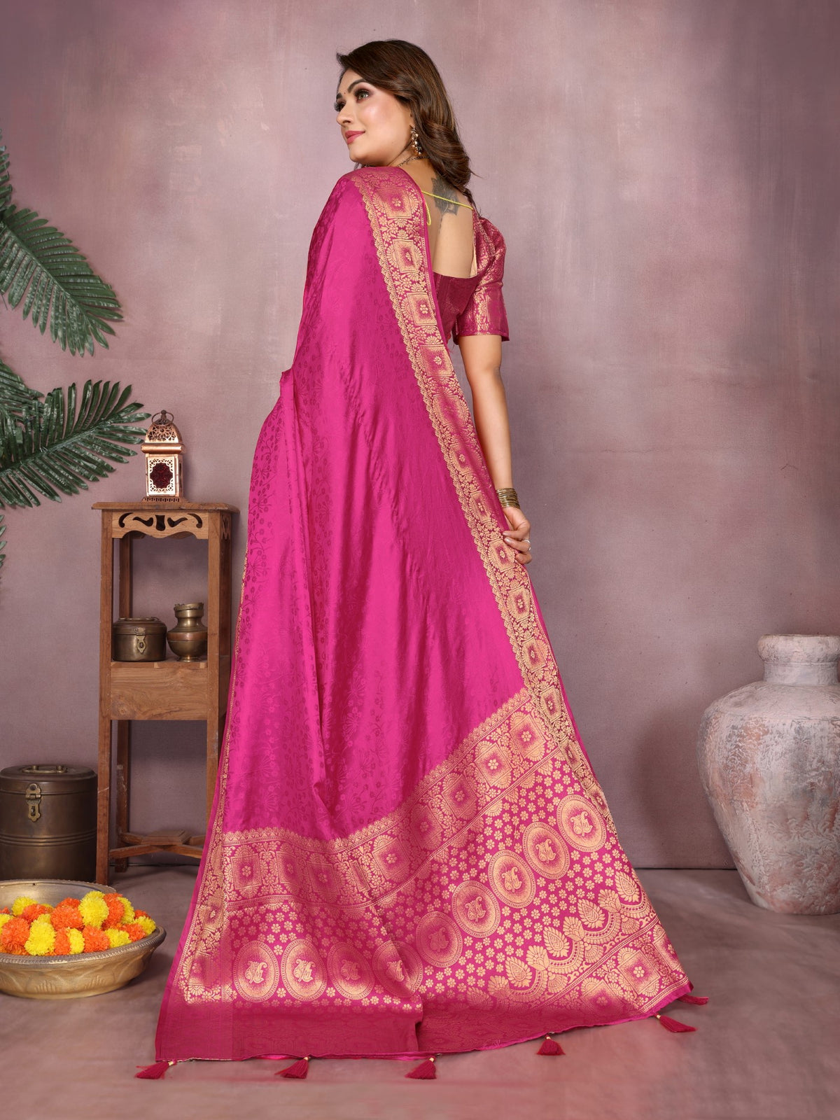 Magenta Soft Satin Silk Saree With Traditional Zari Weaving