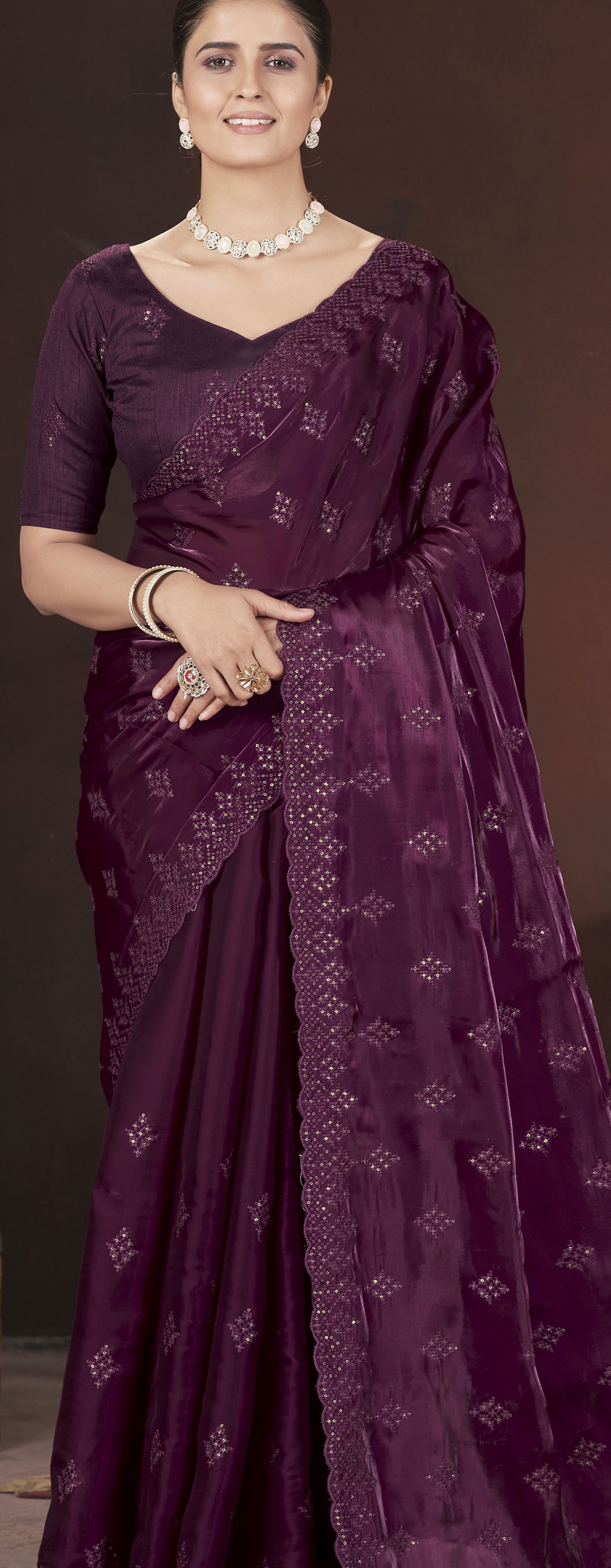 Magenta Stylish Jimmy Choo Ethnic Sequins Embroidered Saree