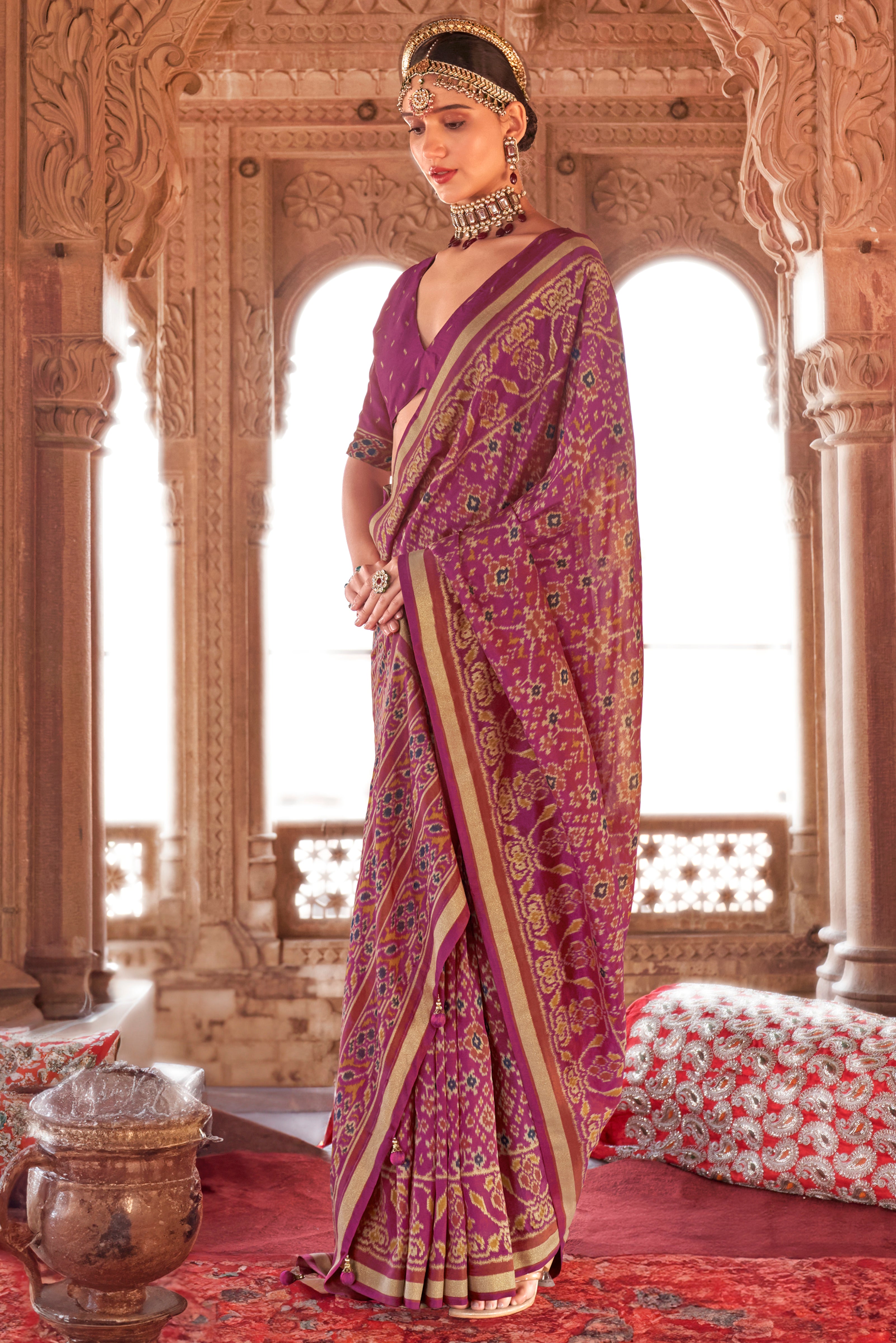 Magenta Super Georgette Saree With  Patola Print