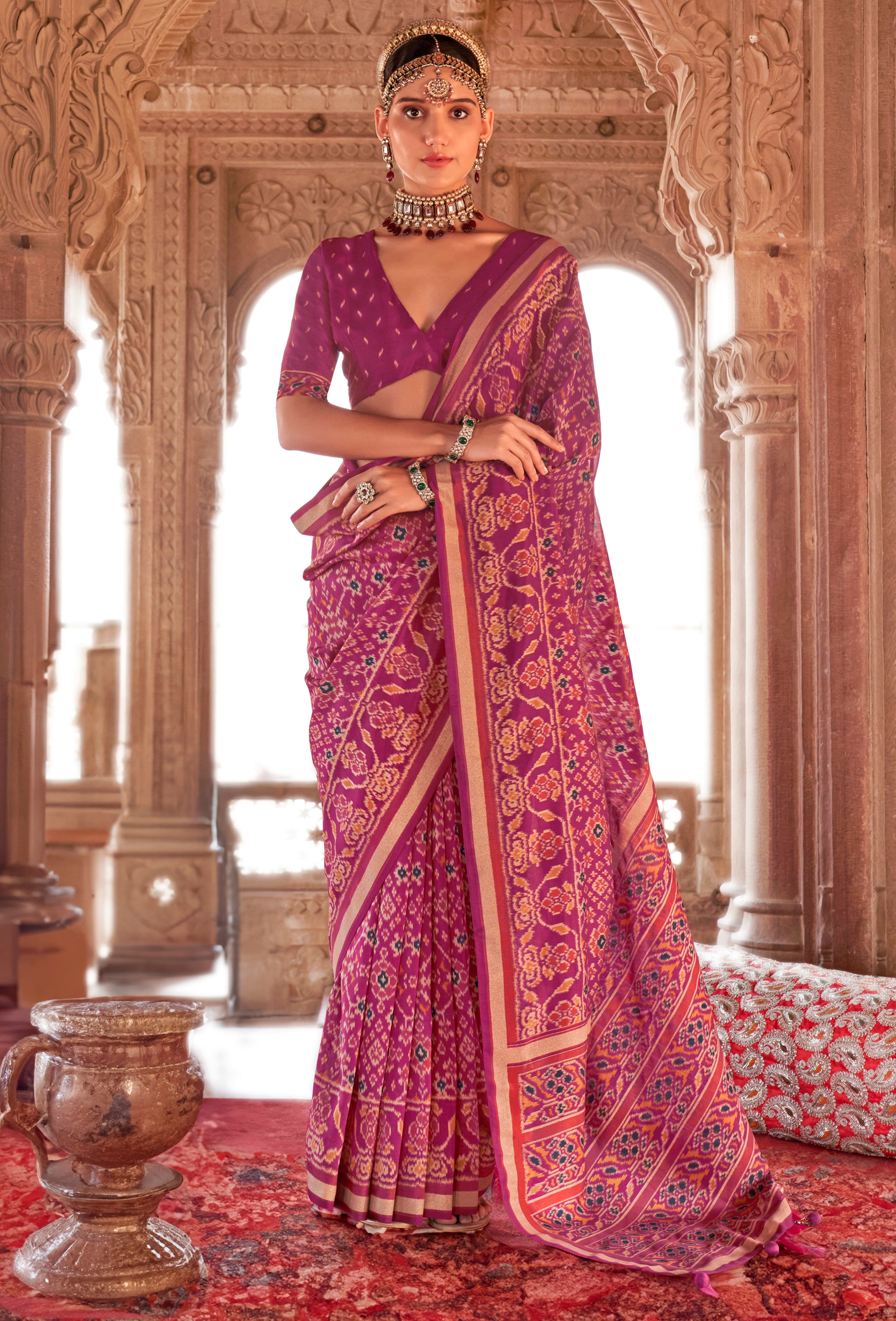 Magenta Super Georgette Saree With  Patola Print