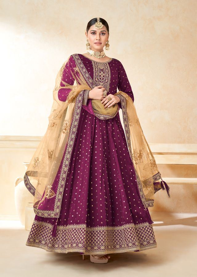 Magenta Taffeta Butti Heavy Thread Embroidery, Zari With Sequins Work  Anarkali Suits