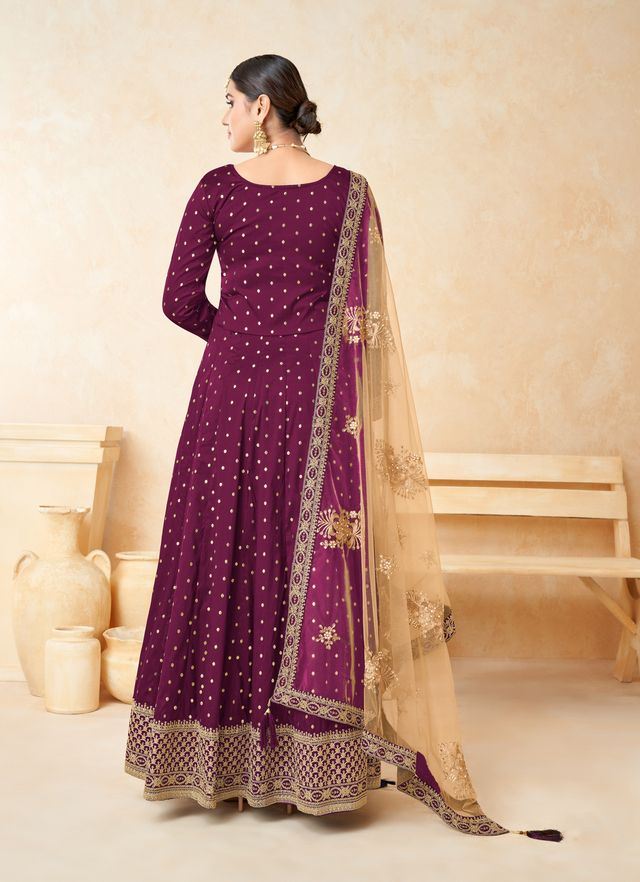 Magenta Taffeta Butti Heavy Thread Embroidery, Zari With Sequins Work  Anarkali Suits