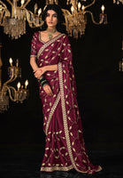 Magenta Tissue Silk Saree With  Heavy Thread and Zari Embroidered Work