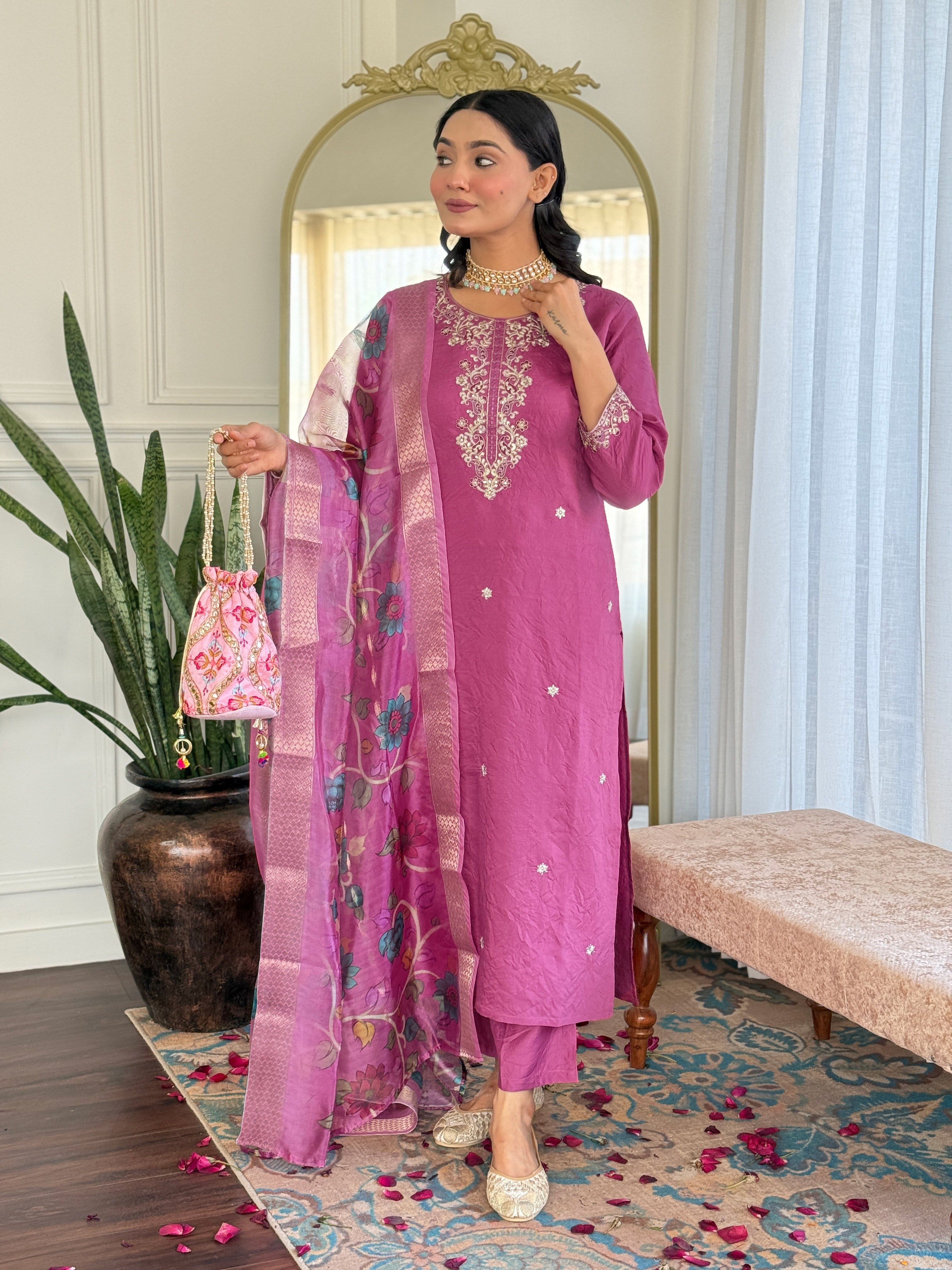 Magenta Viscose Chanderi Kurta Pant With Embroidery Work And Printed Dupatta