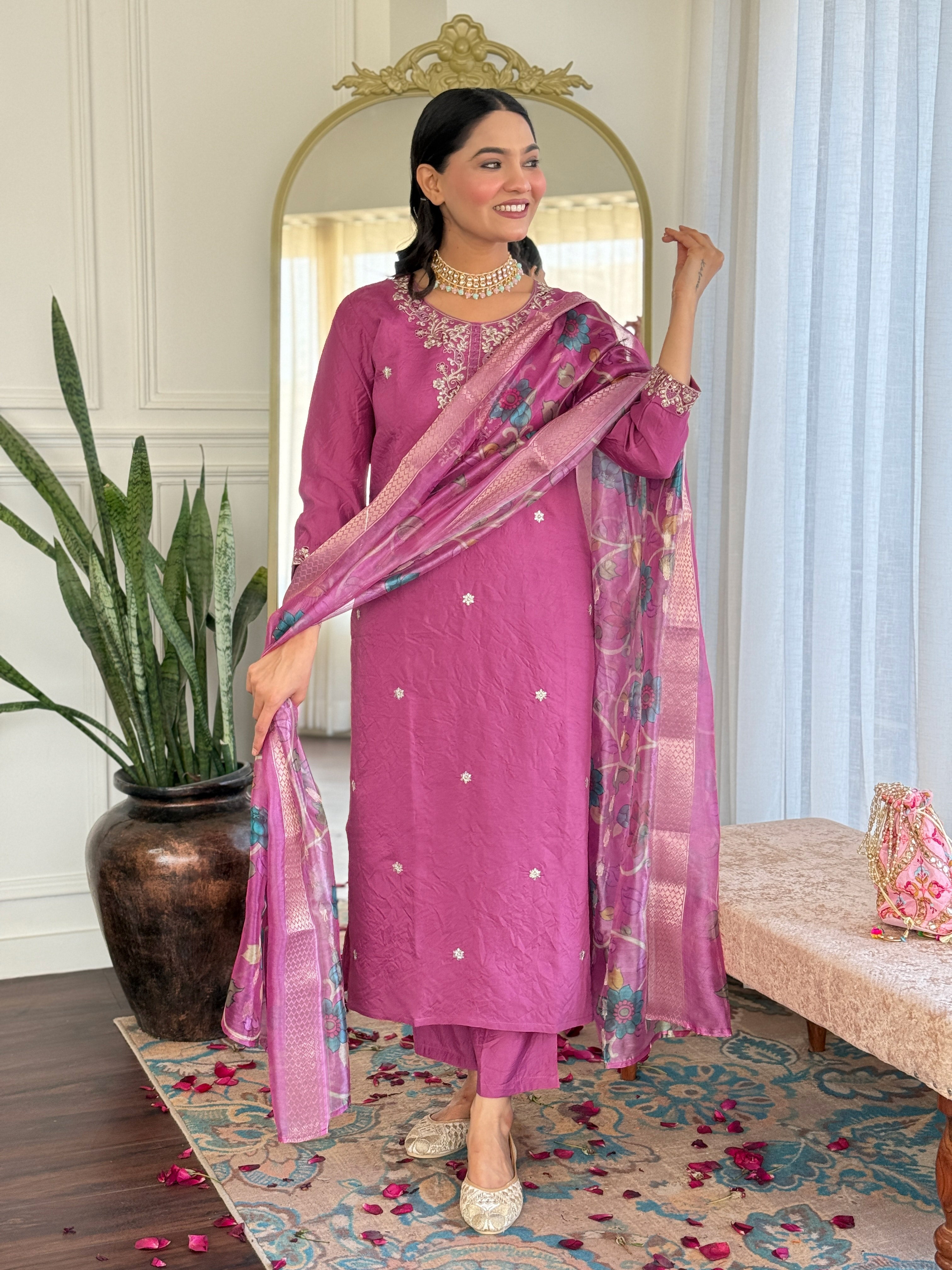 Magenta Viscose Chanderi Kurta Pant With Embroidery Work And Printed Dupatta