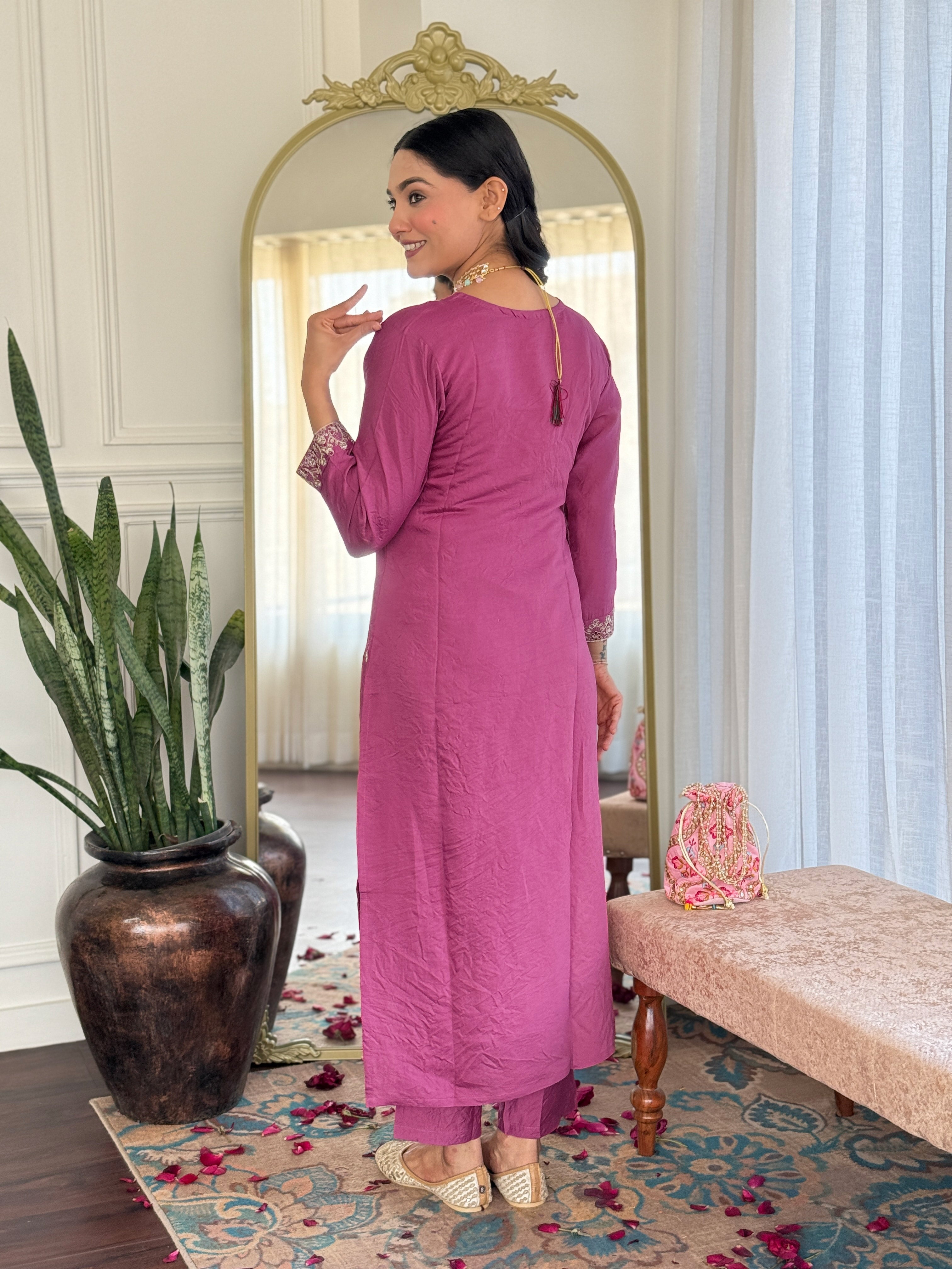 Magenta Viscose Chanderi Kurta Pant With Embroidery Work And Printed Dupatta