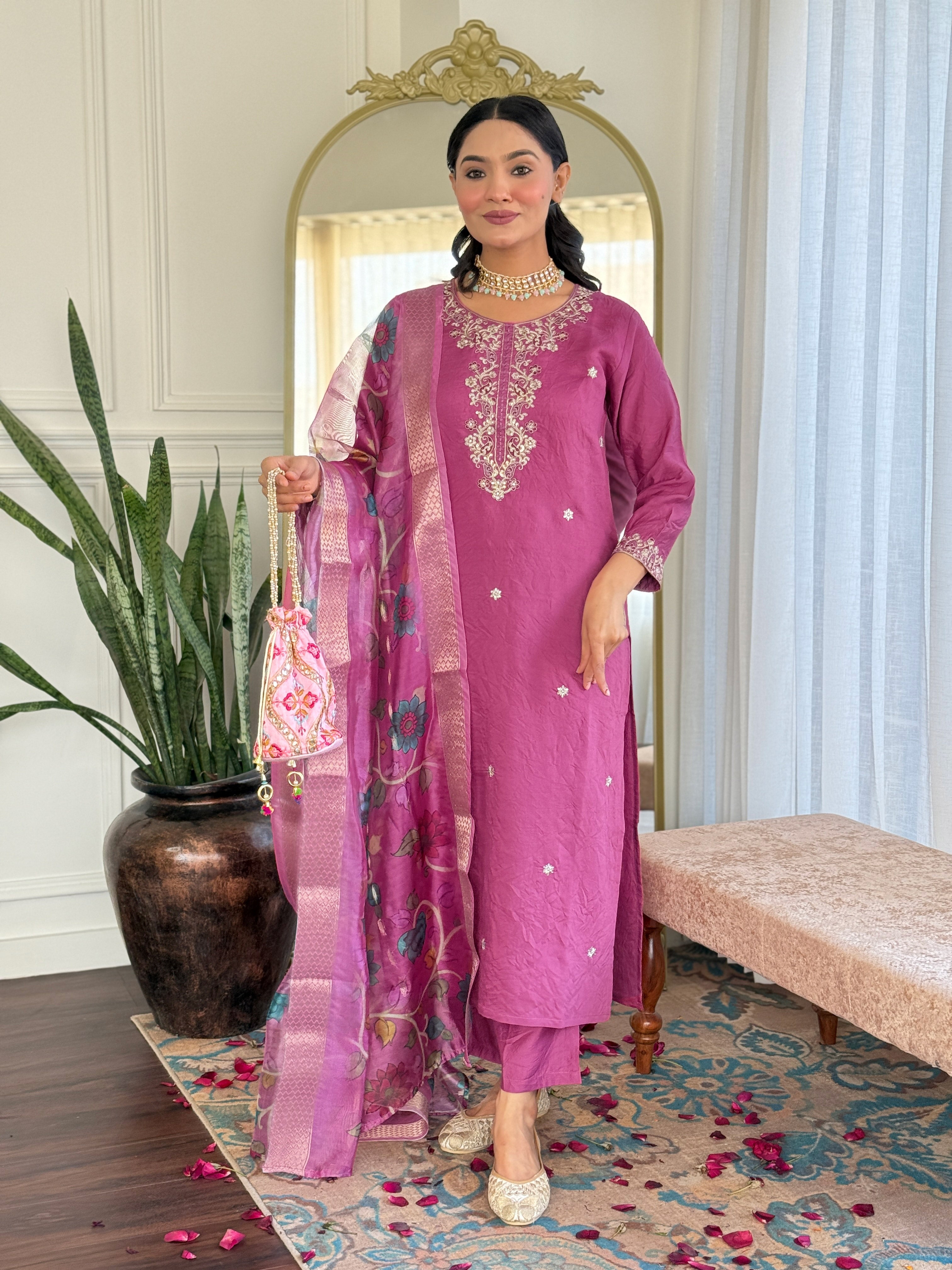 Magenta Viscose Chanderi Kurta Pant With Embroidery Work And Printed Dupatta