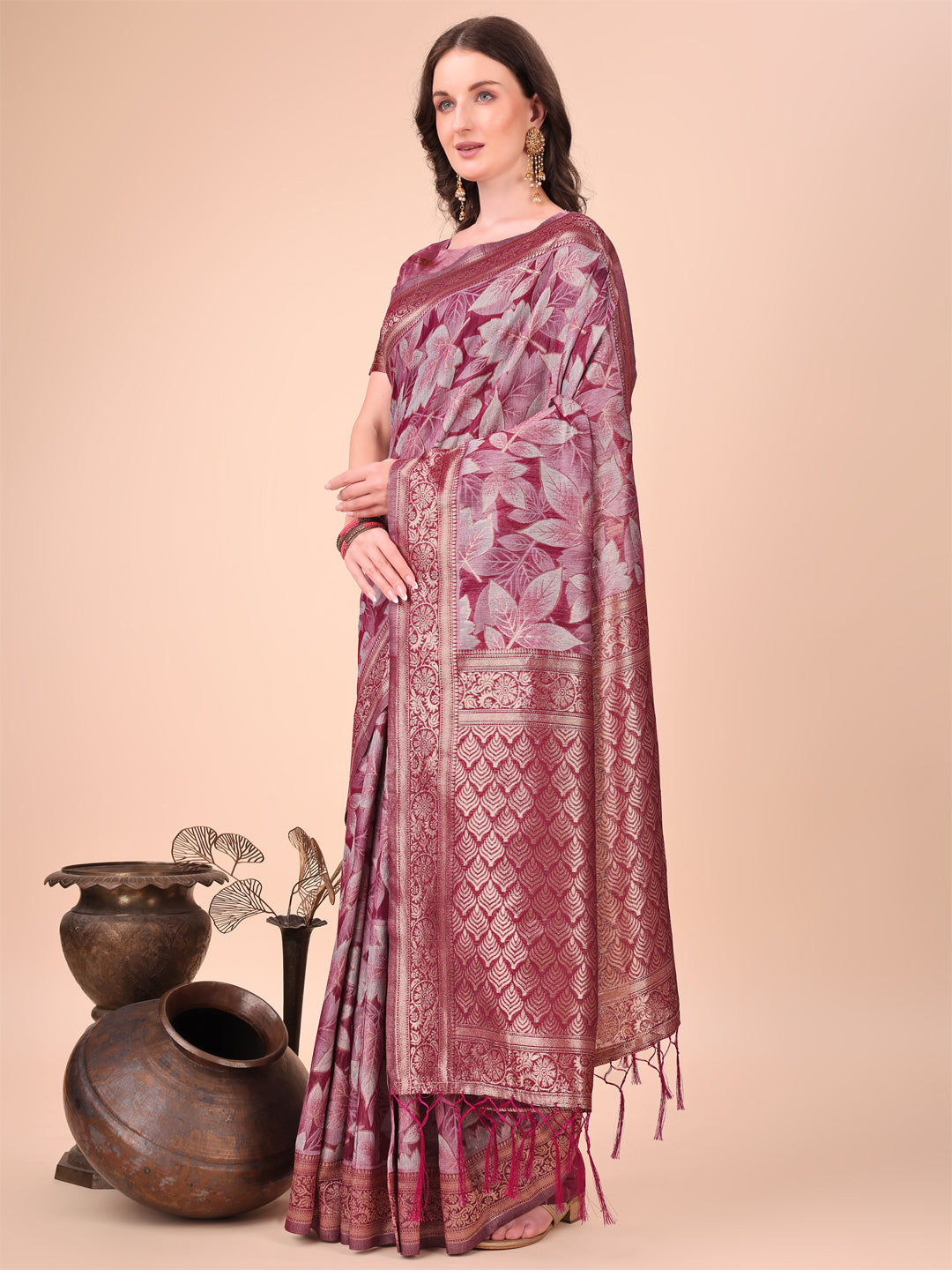 Magenta Woven Jacquard Designer With Floral Printed Cotton Ceremonial Saree