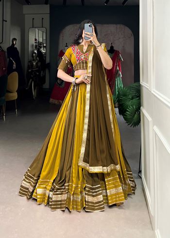 Mehendi-Mustard Rayon Lehenga Choli with Sequins Lace  Gota Patti