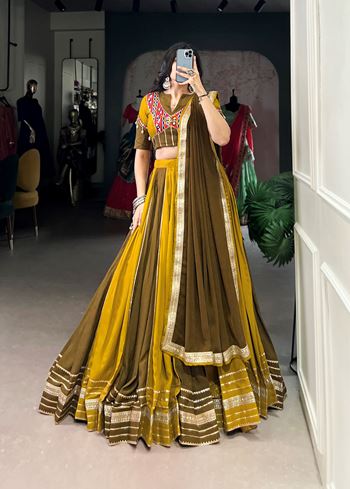 Mehendi-Mustard Rayon Lehenga Choli with Sequins Lace  Gota Patti