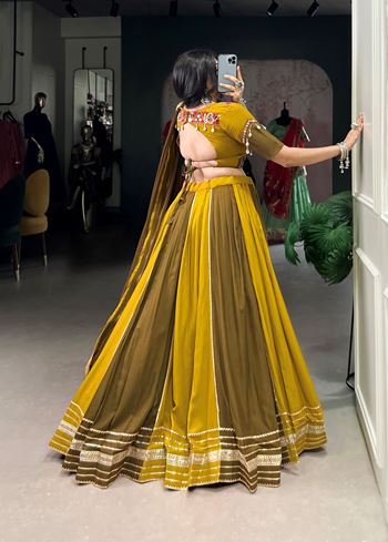 Mehendi-Mustard Rayon Lehenga Choli with Sequins Lace  Gota Patti