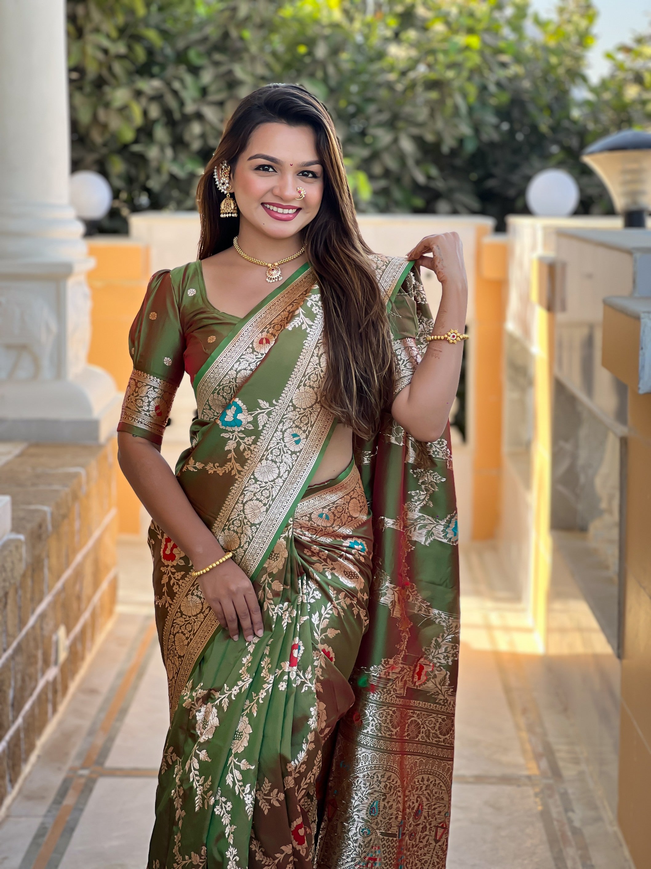 Mahendi Banarasi Silk Saree With Traditional Woven Meenakari Designer Traditional Looks