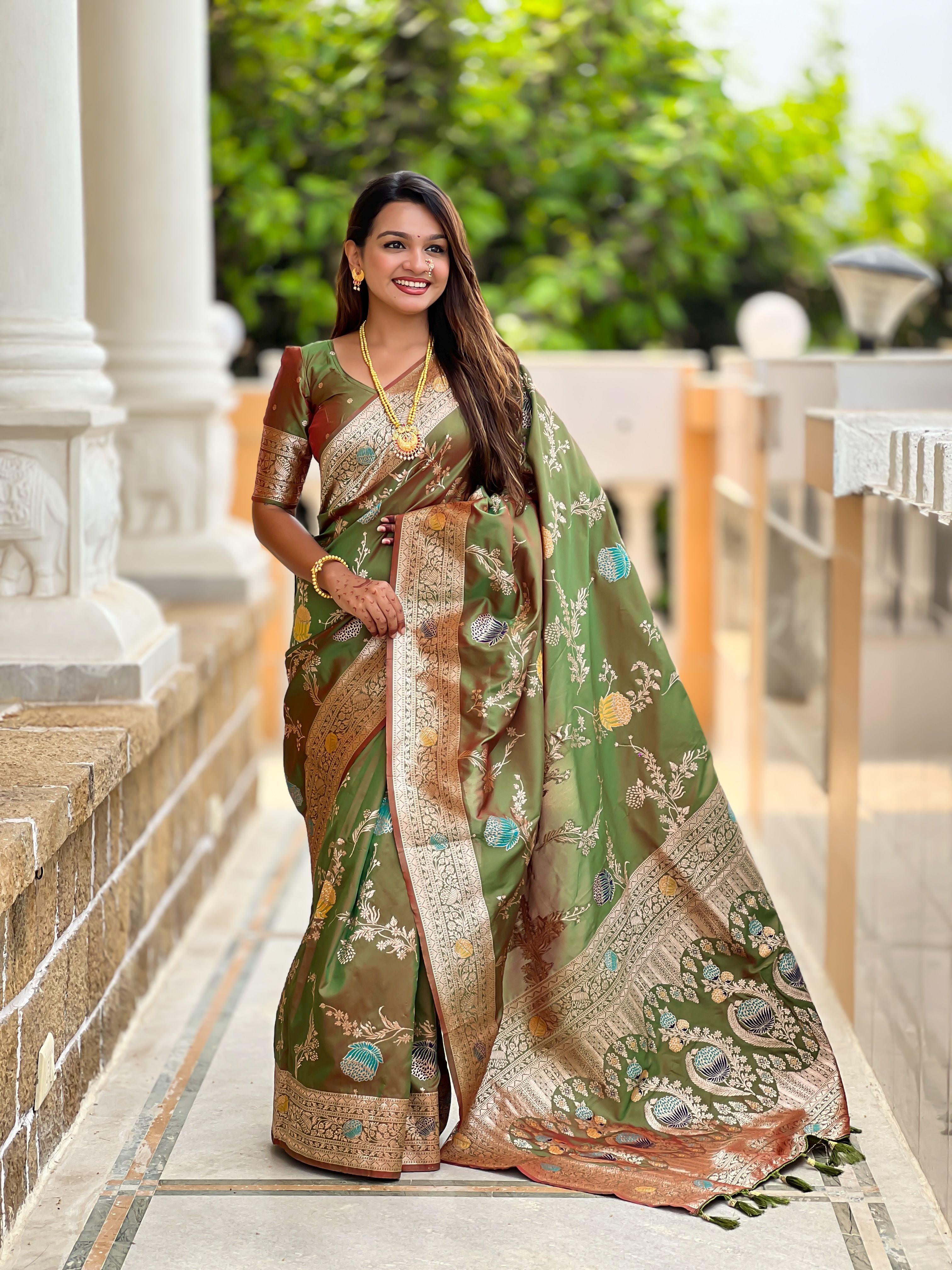 Mahendi Beautiful Banarasi Silk Woven Meenakari Designer Graceful Ethnic Saree