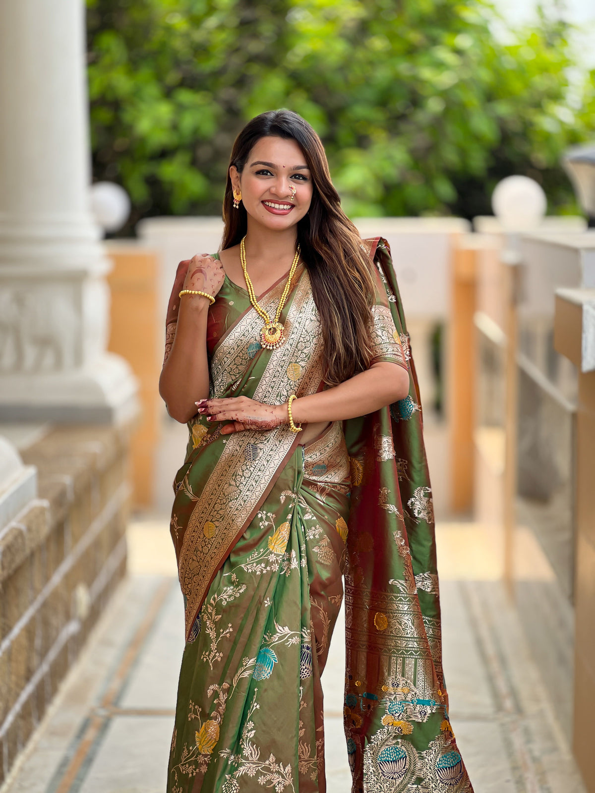 Mahendi Beautiful Banarasi Silk Woven Meenakari Designer Graceful Ethnic Saree