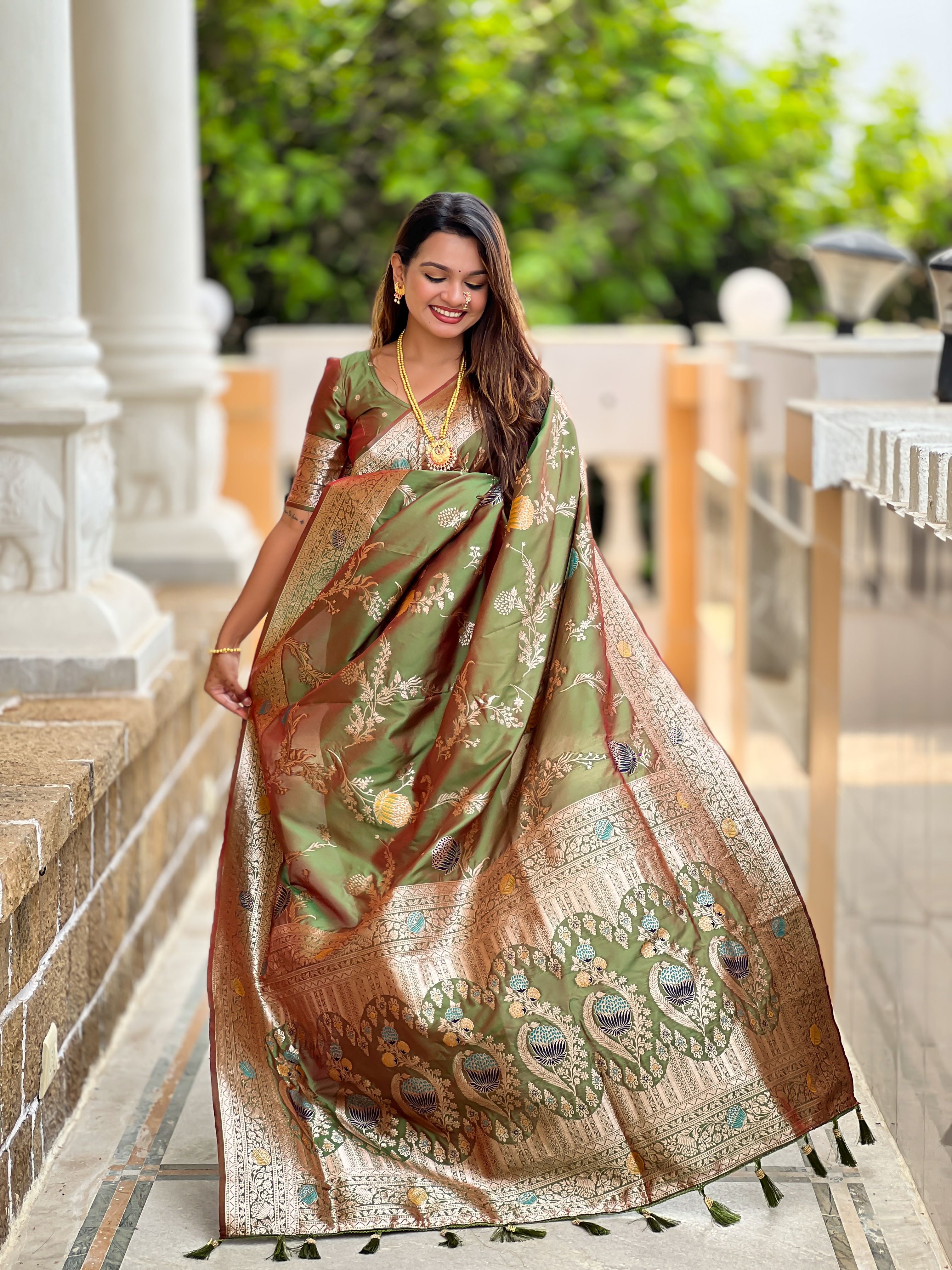 Mahendi Beautiful Banarasi Silk Woven Meenakari Designer Graceful Ethnic Saree