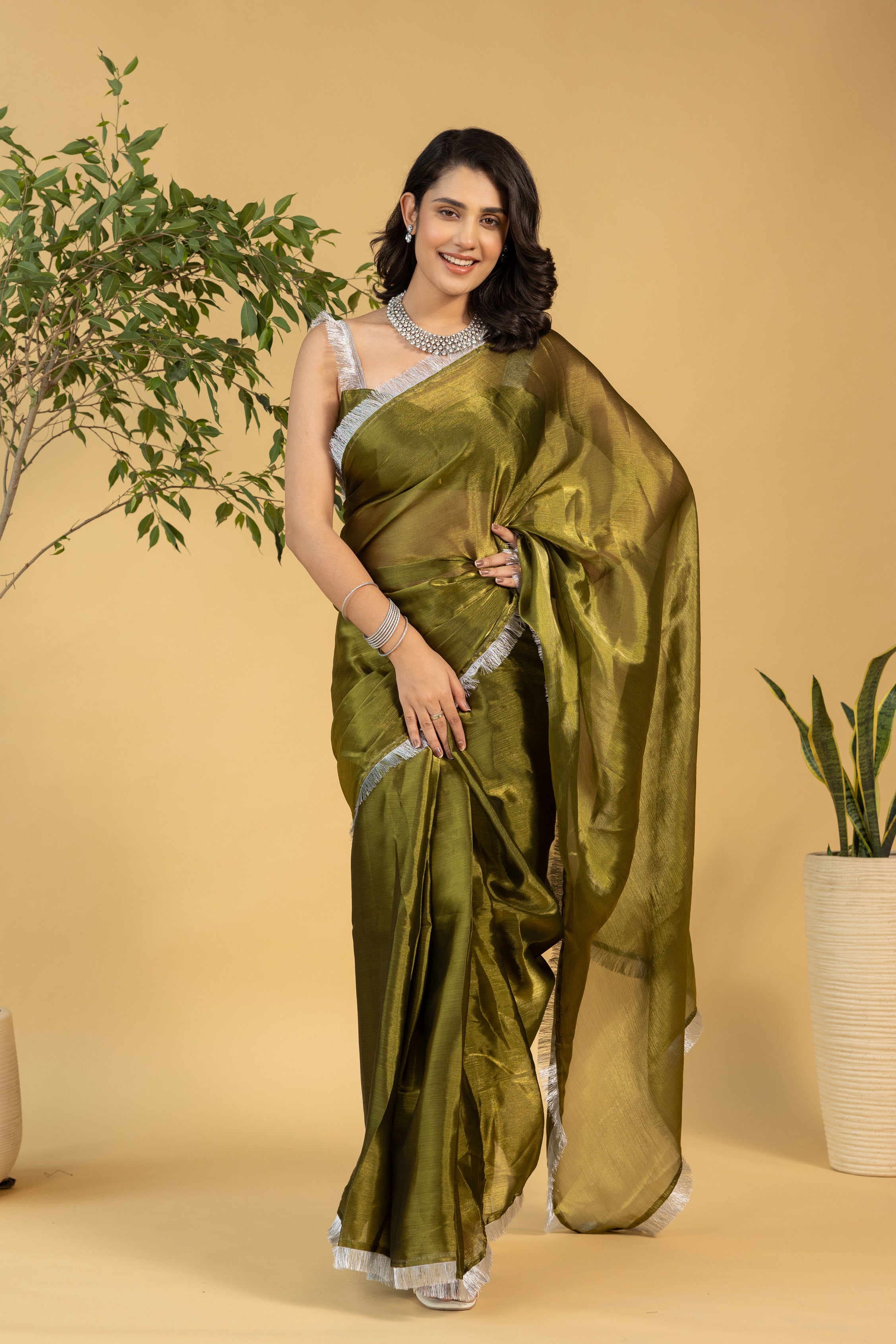 Mahendi Chiffon Ready To Wear Saree For Graceful Bollywood Style Saree