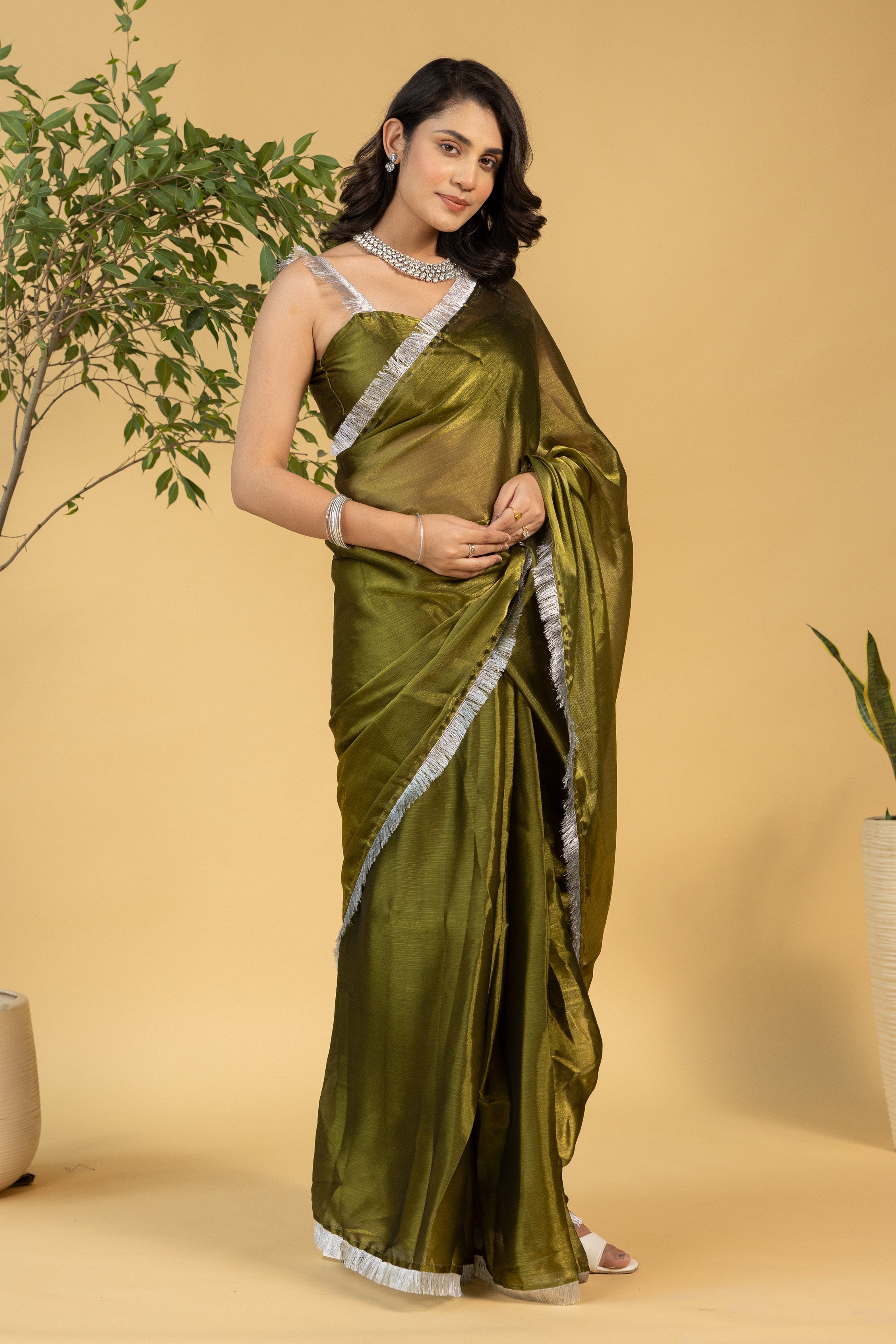 Mahendi Chiffon Ready To Wear Saree For Graceful Bollywood Style Saree