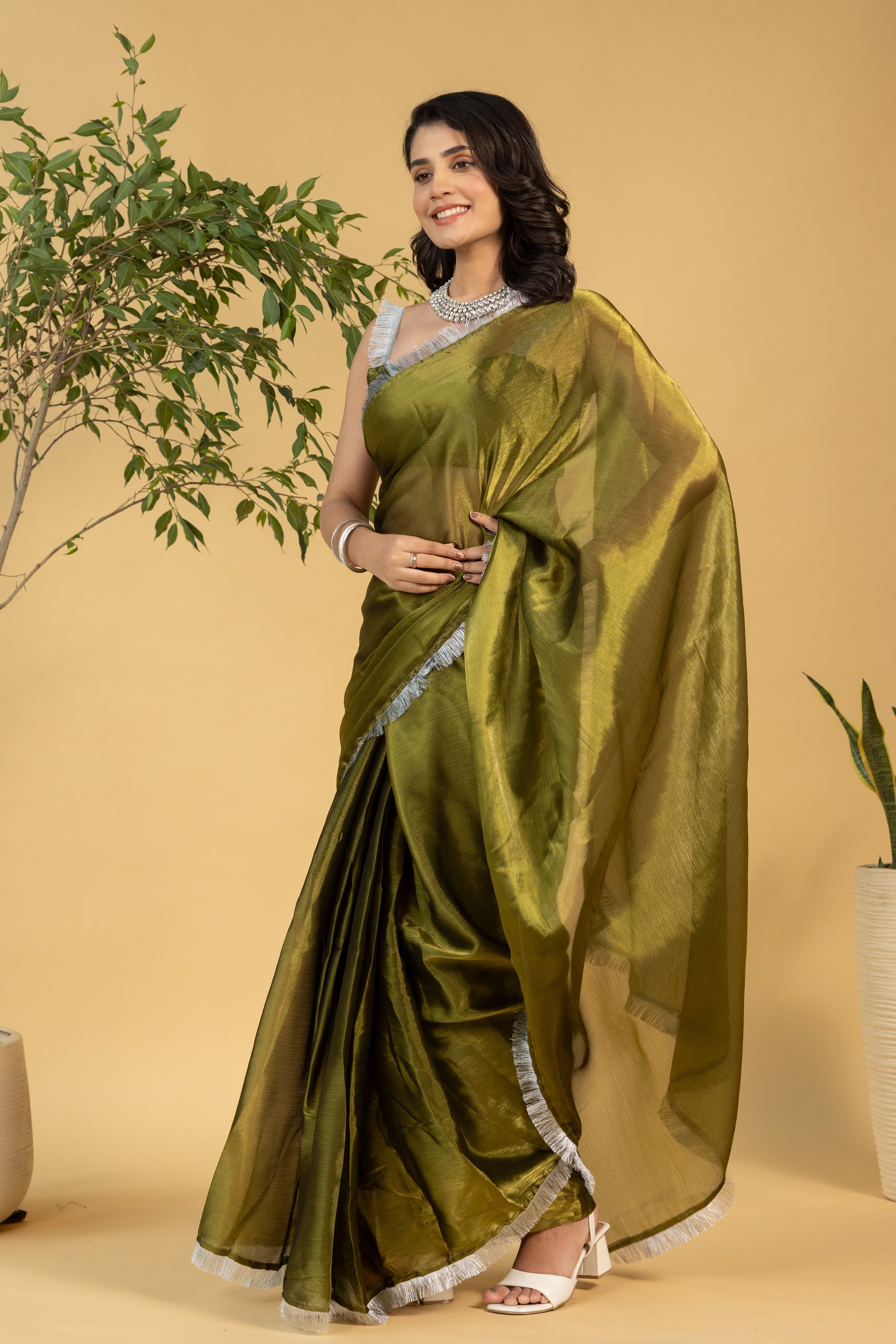 Mahendi Chiffon Ready To Wear Saree For Graceful Bollywood Style Saree