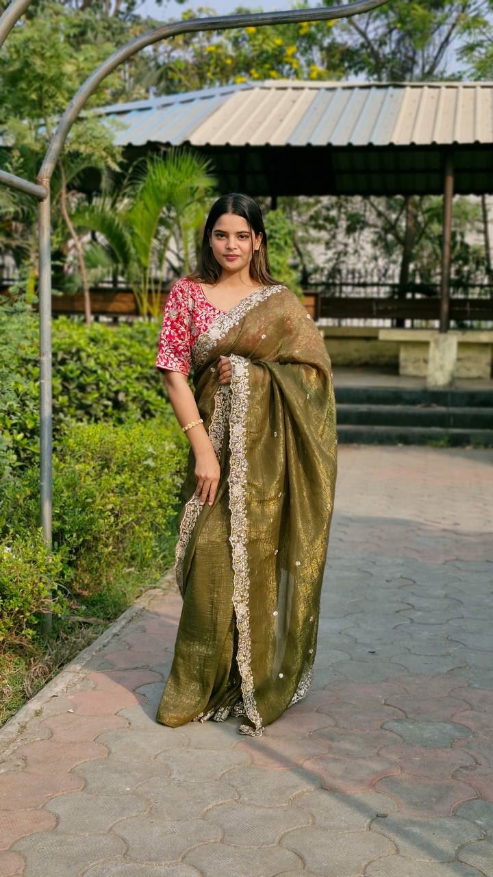 Mahendi Colour Candy Crush Silk Embroidery Work Saree