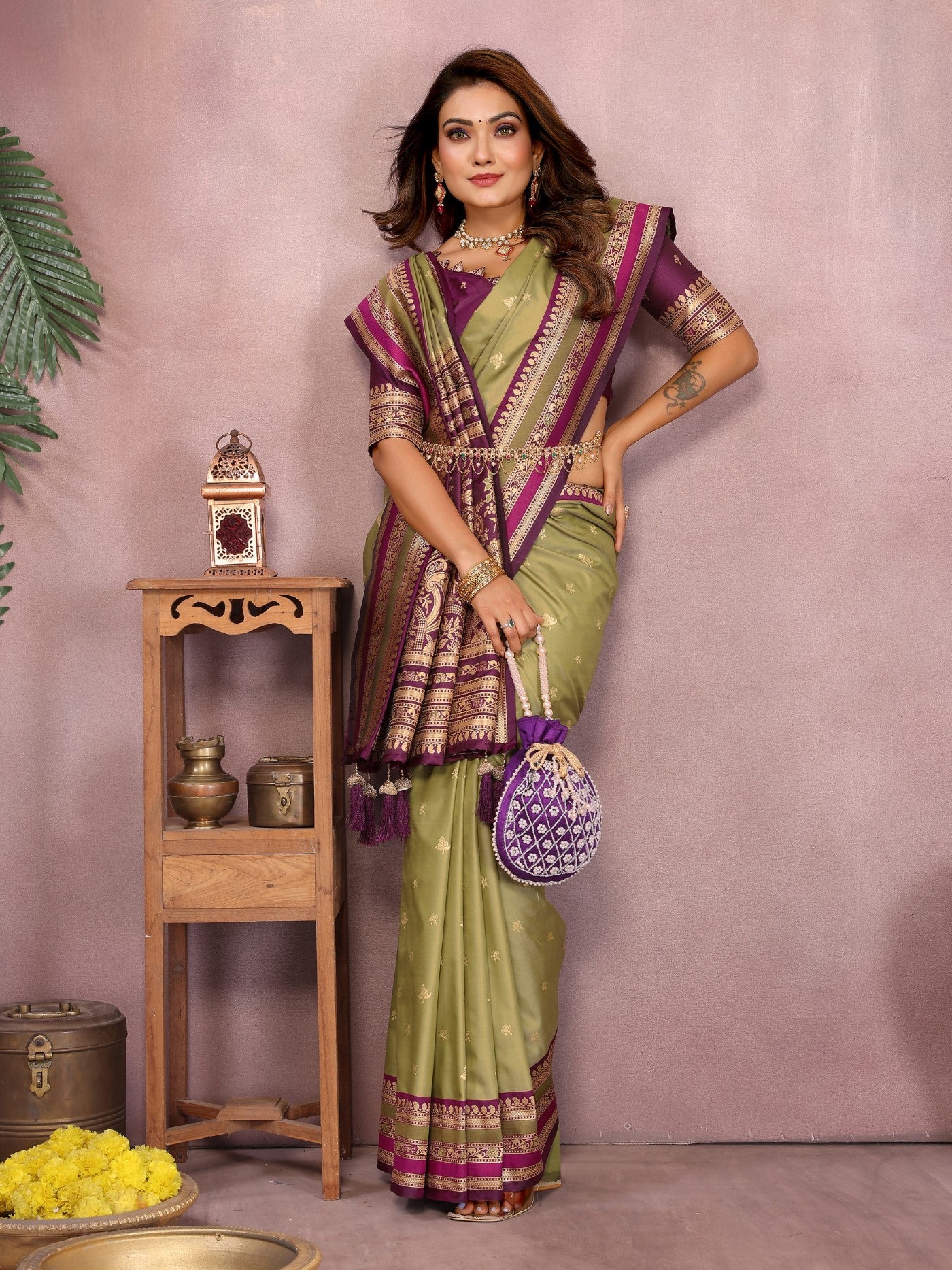 Mahendi Kalamkari Silk Saree With Traditional Weaving