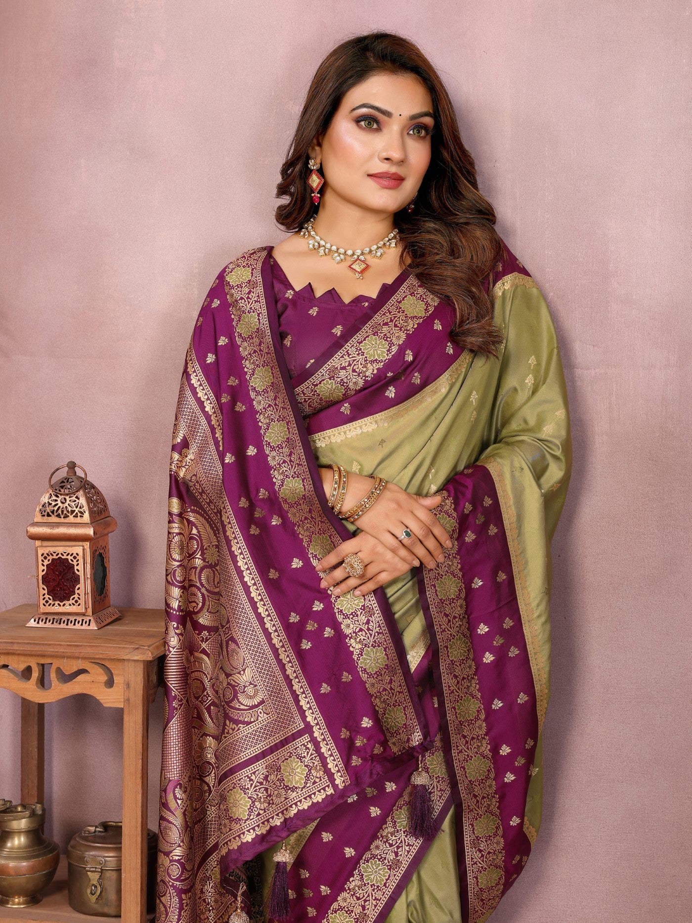 Mahendi Kalamkari Silk Saree With Zari Woven