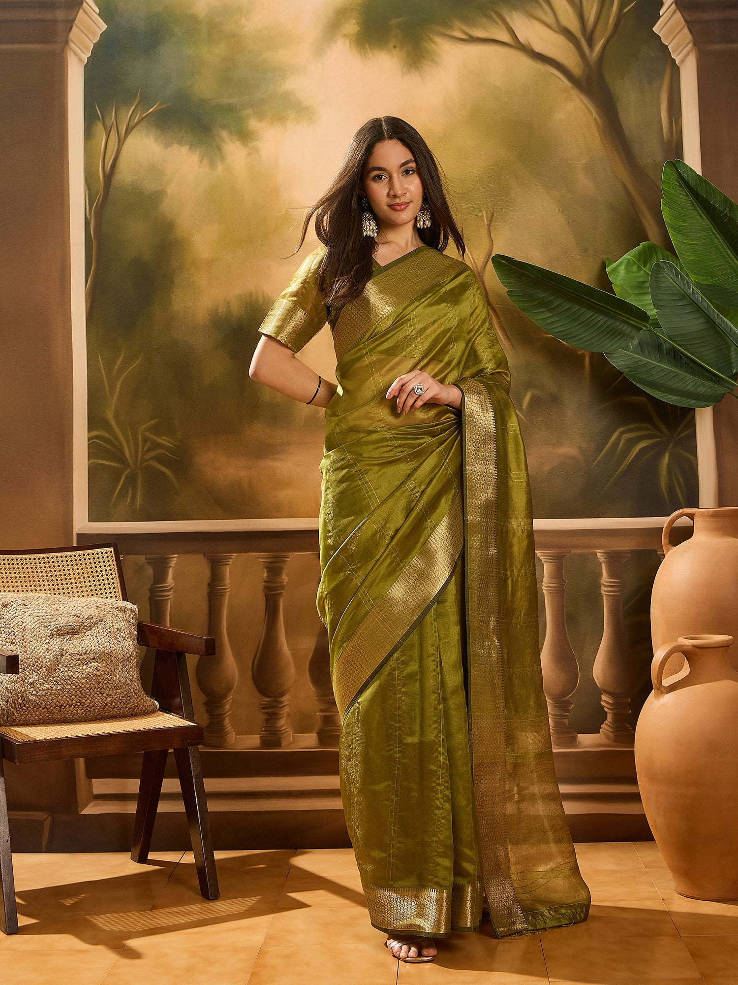 Mahendi Khadi Organza Woven Jacquard Designer Ethnic Partywear Saree