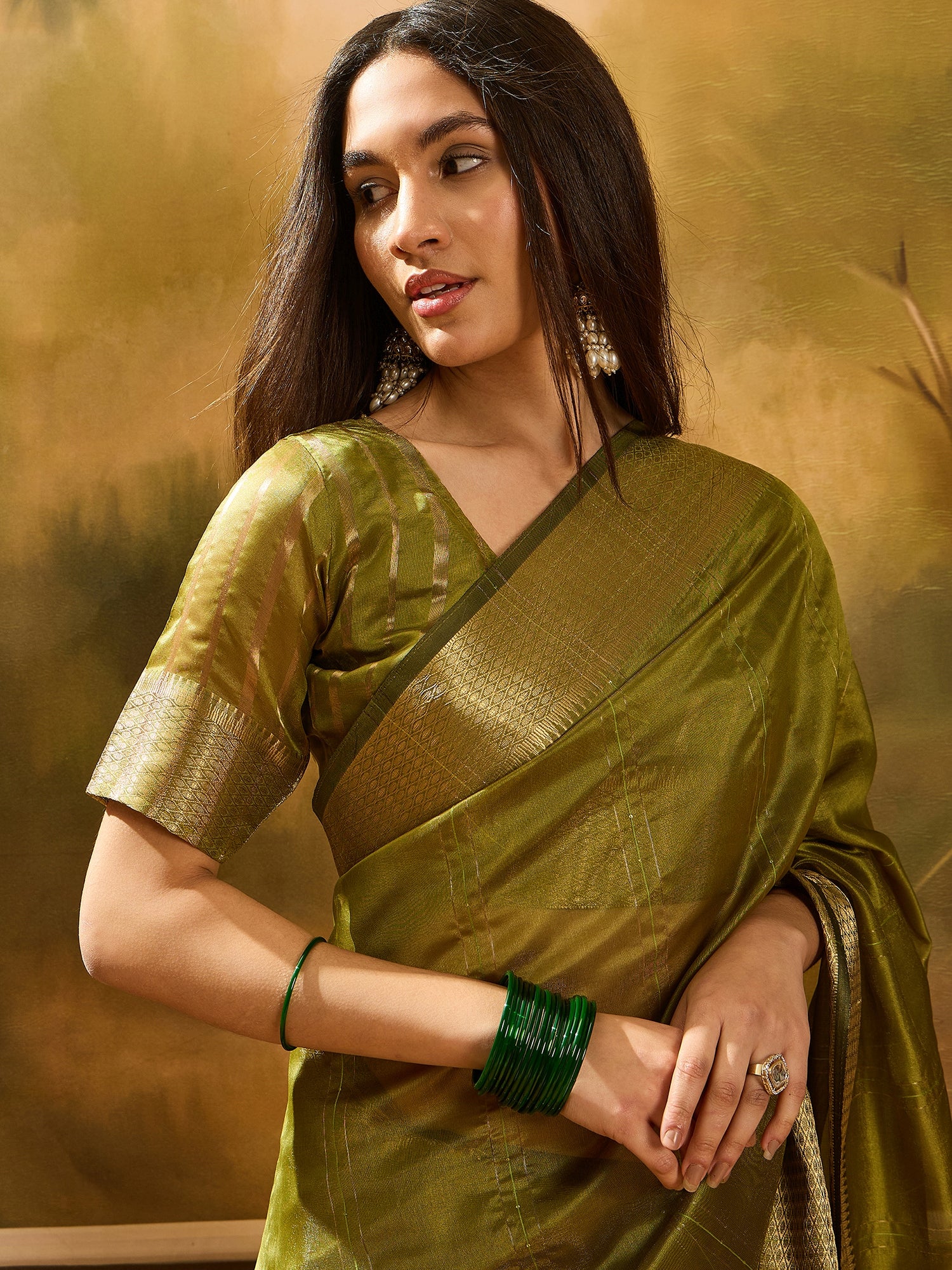 Mahendi Khadi Organza Woven Jacquard Designer Ethnic Partywear Saree