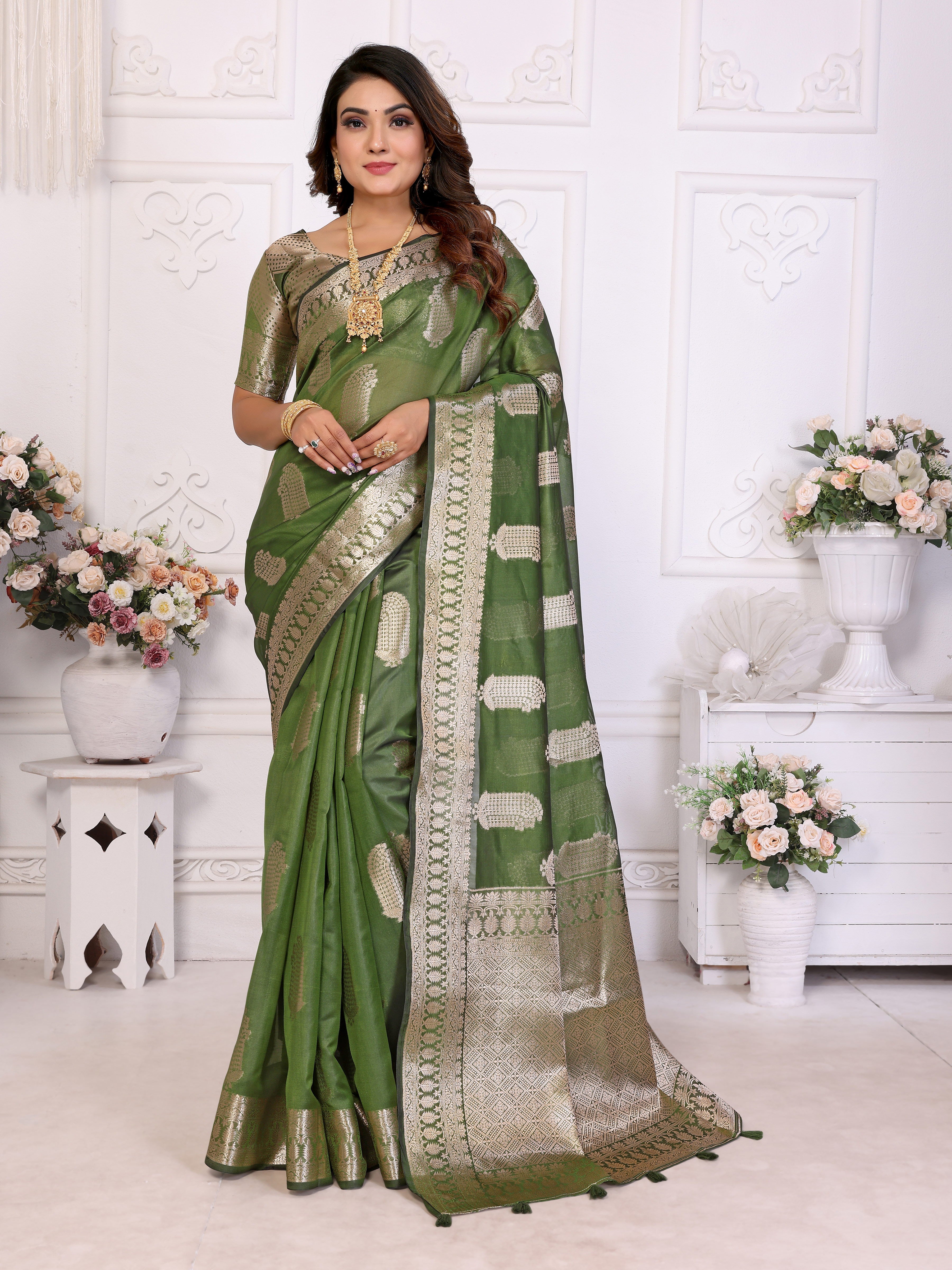 Mahendi Organza Gold Zari Designer Beautiful Festive Saree