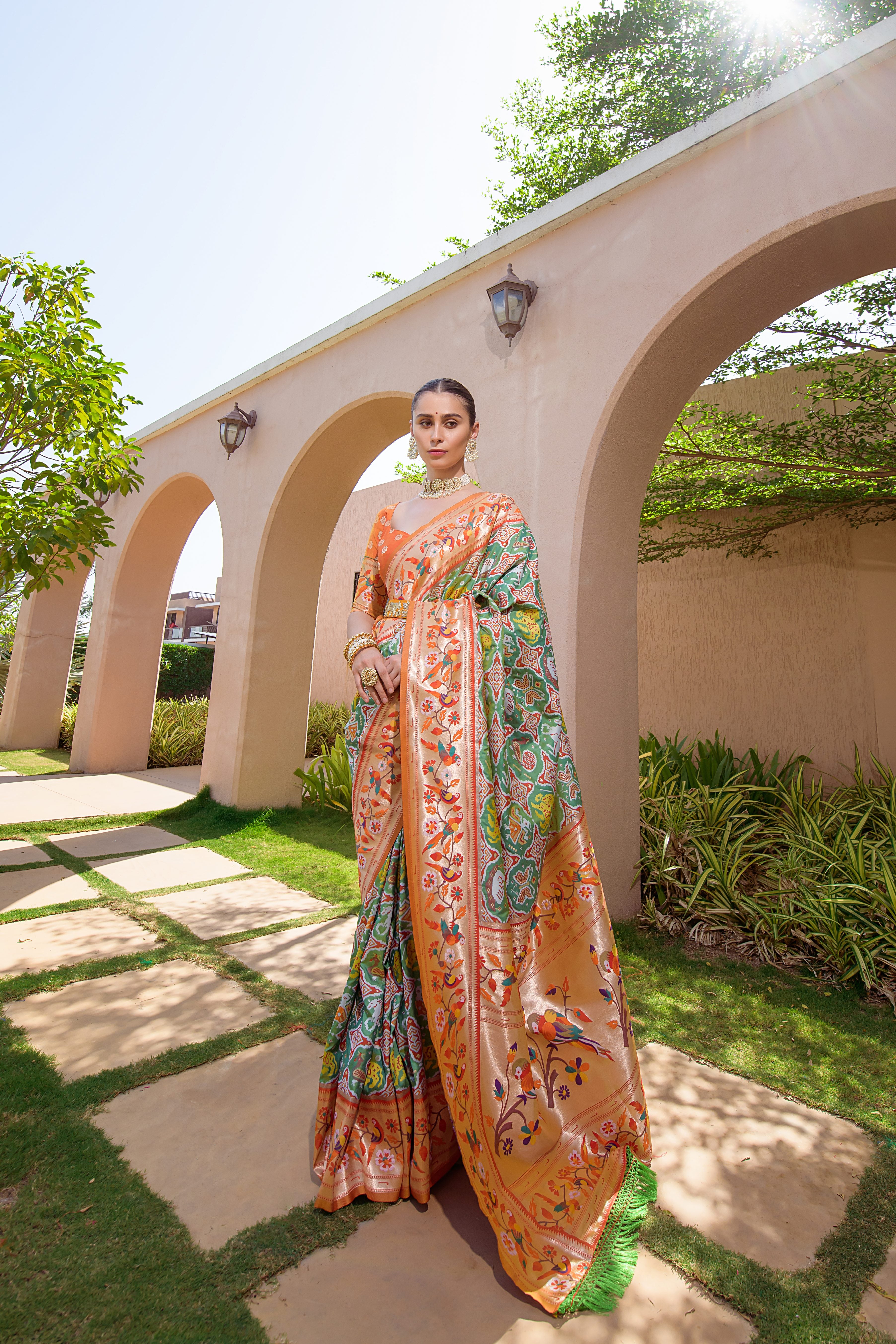 Mahendi Paithani Silk Saree with Meenakari Zari and Pallu