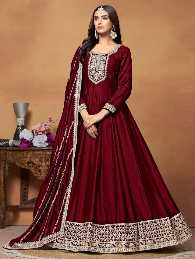 Maroon Anarkali Suit With Heavy Thread Embroidery With Sequis Work