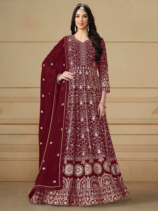 Maroon Anarkali Suit With Heavy Thread Embroidery With Sequis Work