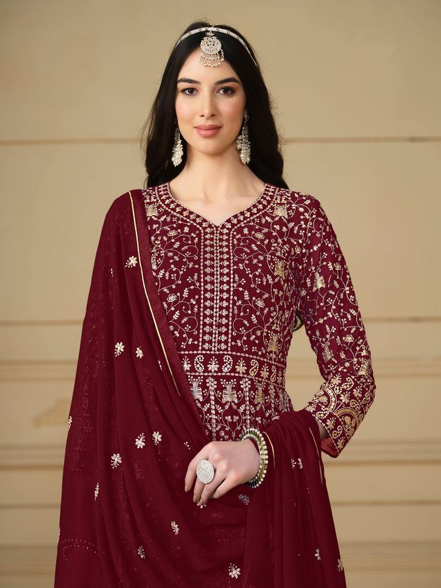 Maroon Anarkali Suit With Heavy Thread Embroidery With Sequis Work