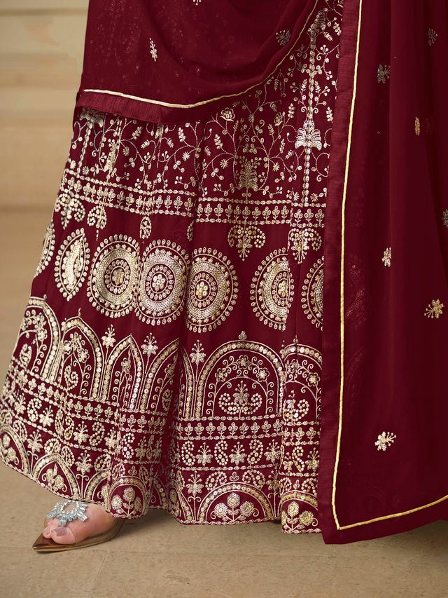 Maroon Anarkali Suit With Heavy Thread Embroidery With Sequis Work