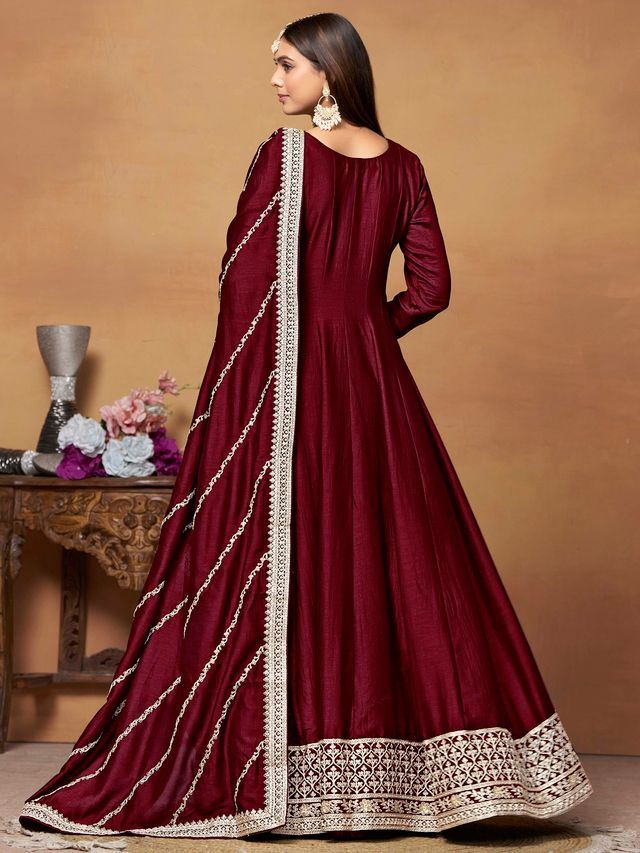 Maroon Anarkali Suit With Heavy Thread Embroidery With Sequis Work