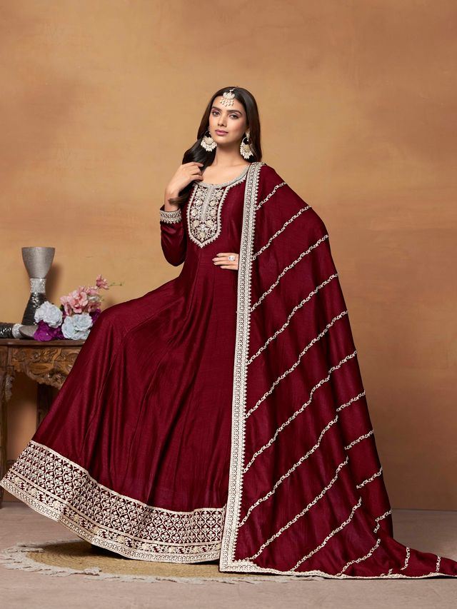 Maroon Anarkali Suit With Heavy Thread Embroidery With Sequis Work