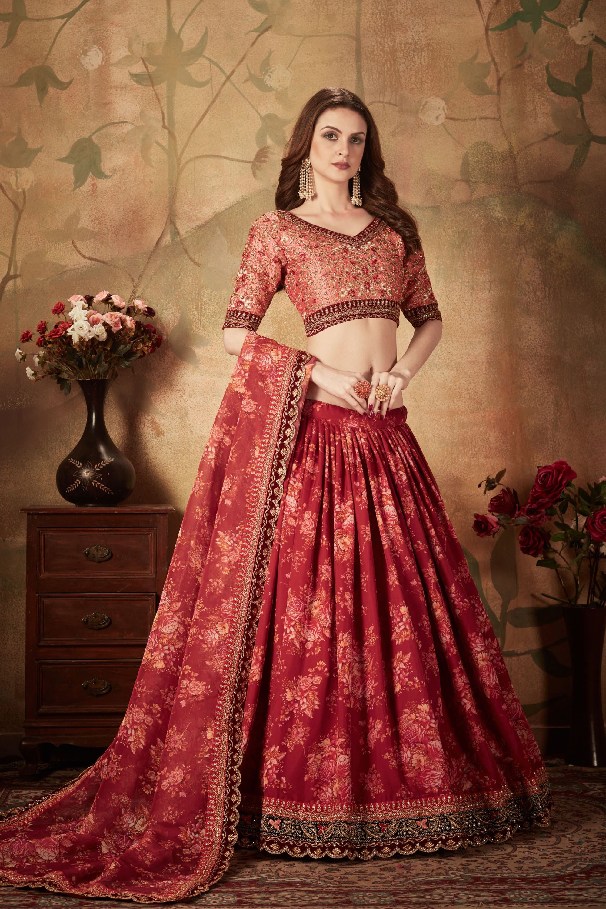 Maroon And Peach Lehenga Choli With Digital Print & Dori, Zari And Sequins Embroidery Work