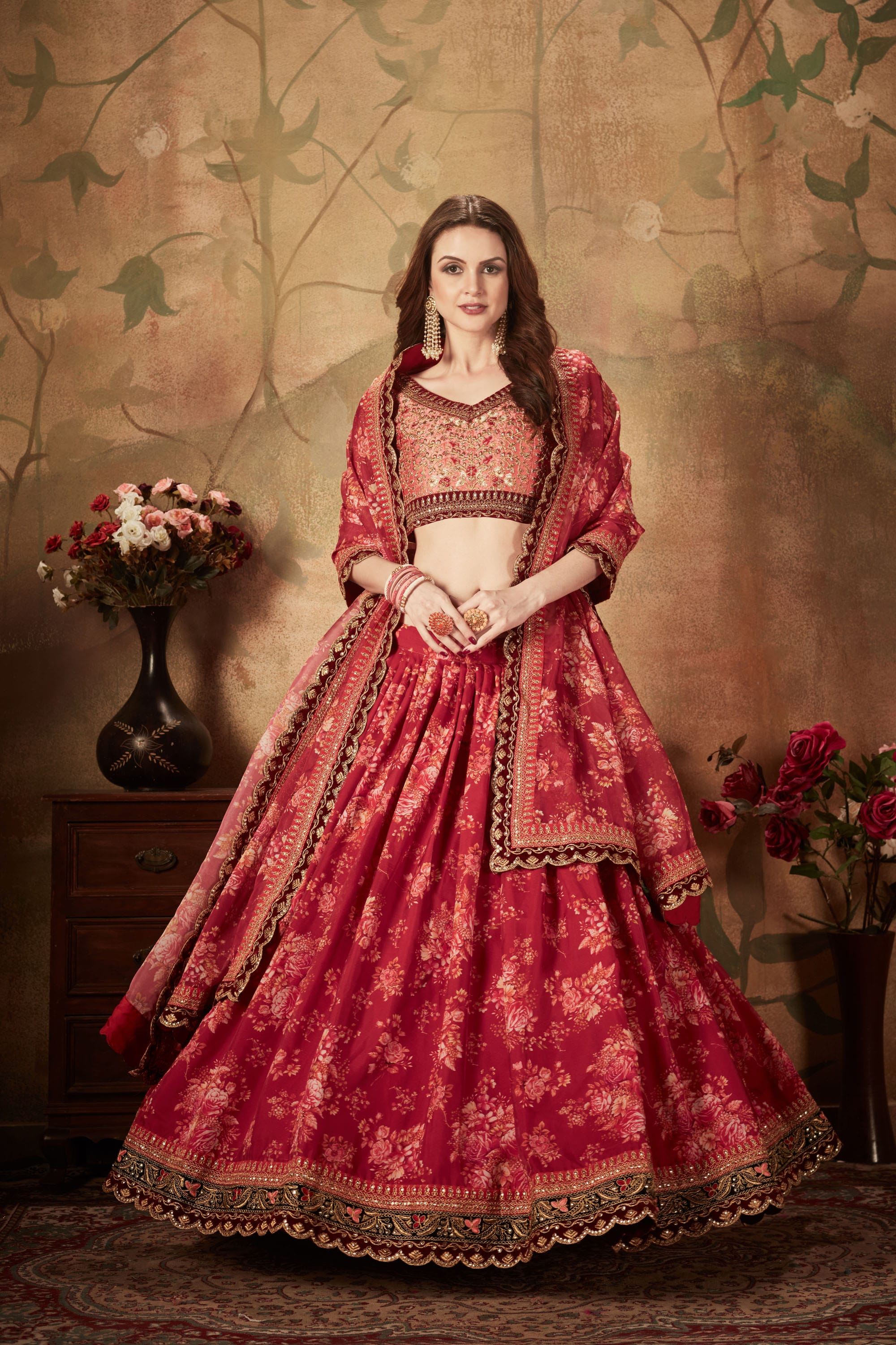 Maroon And Peach Lehenga Choli With Digital Print & Dori, Zari And Sequins Embroidery Work