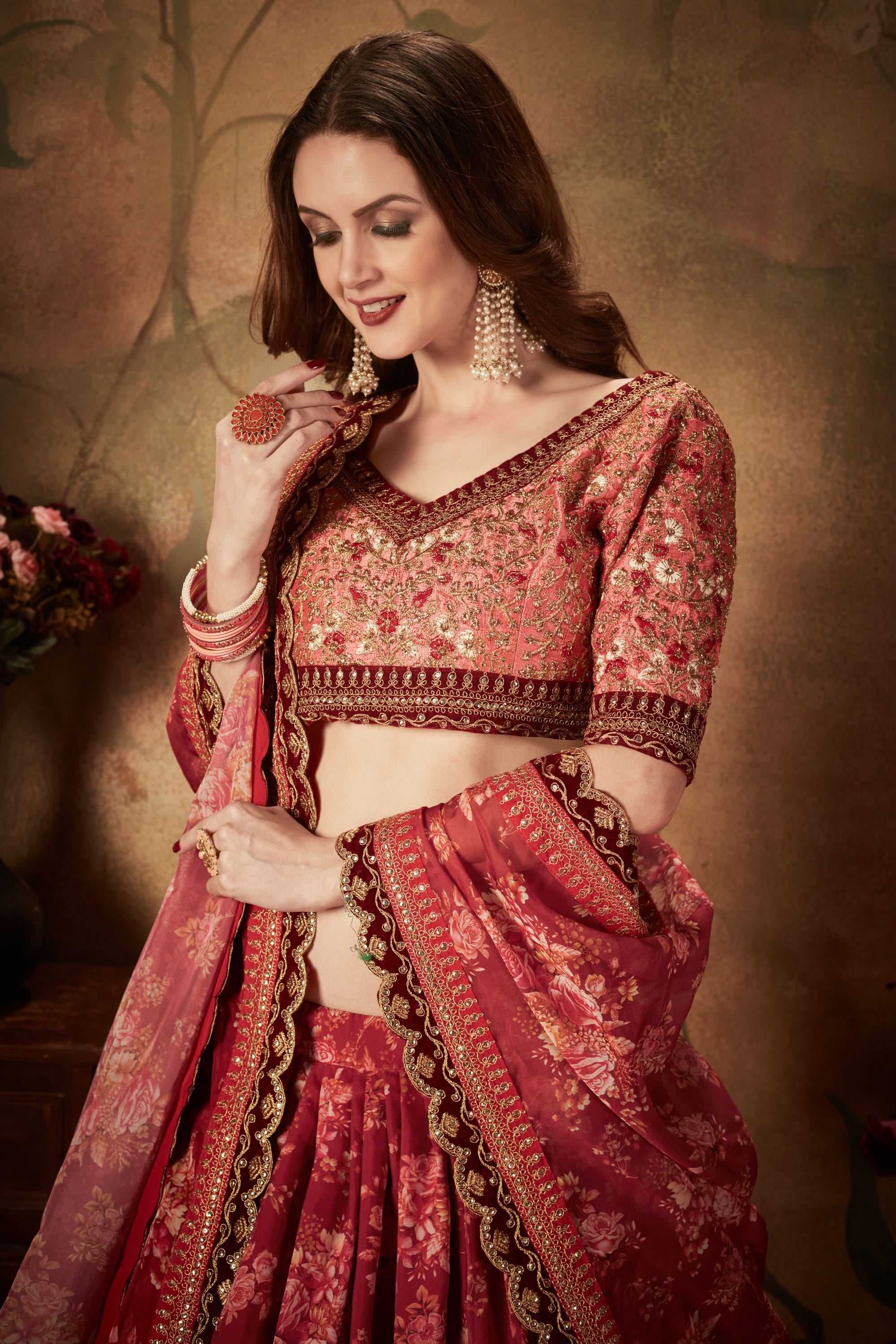 Maroon And Peach Lehenga Choli With Digital Print & Dori, Zari And Sequins Embroidery Work