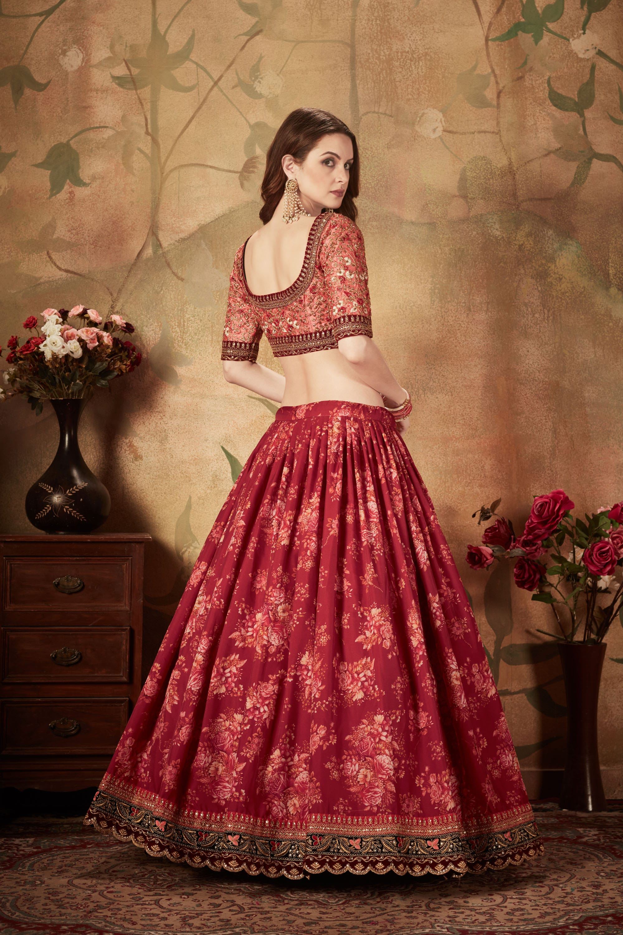 Maroon And Peach Lehenga Choli With Digital Print & Dori, Zari And Sequins Embroidery Work