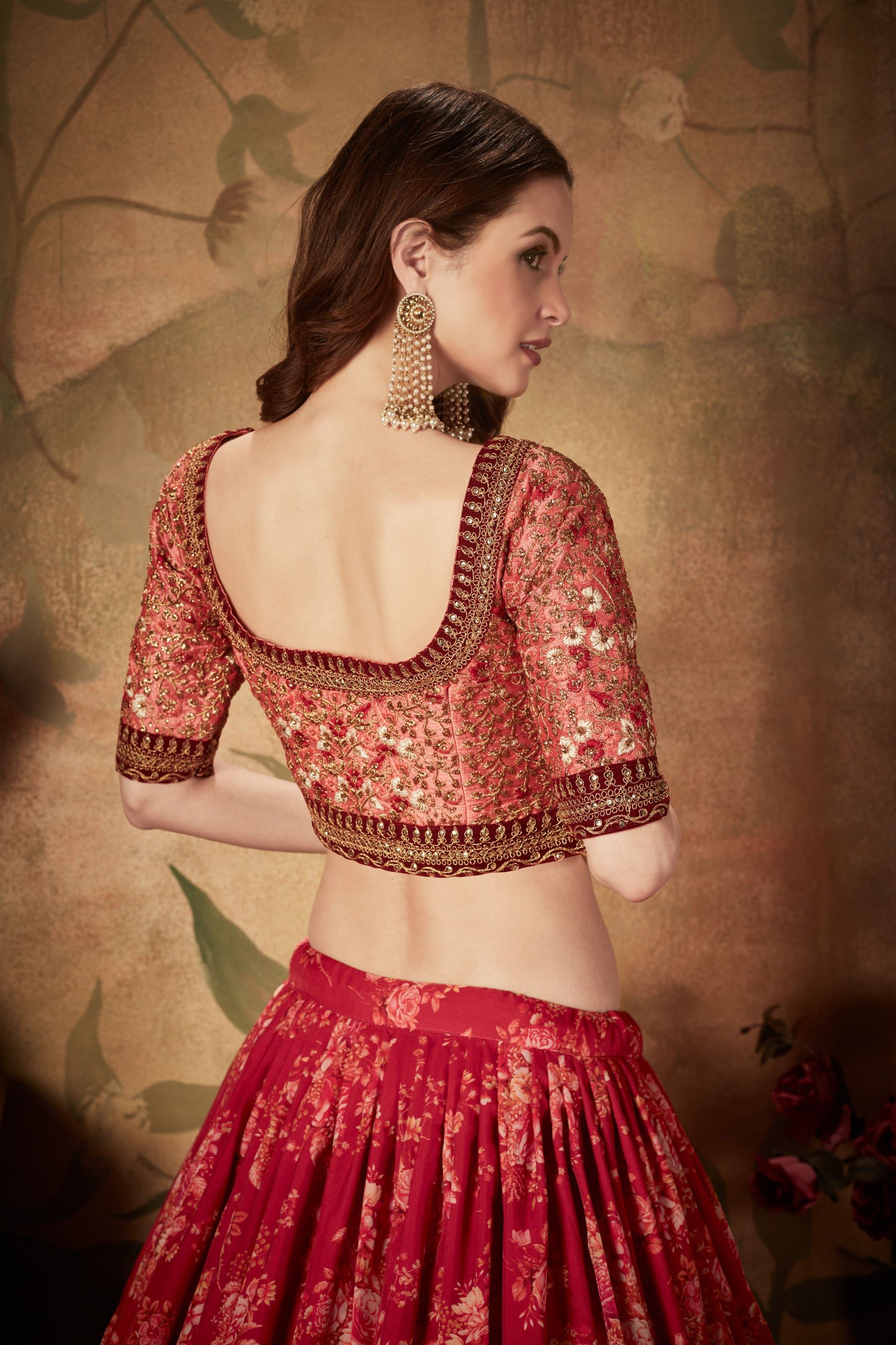 Maroon And Peach Lehenga Choli With Digital Print & Dori, Zari And Sequins Embroidery Work