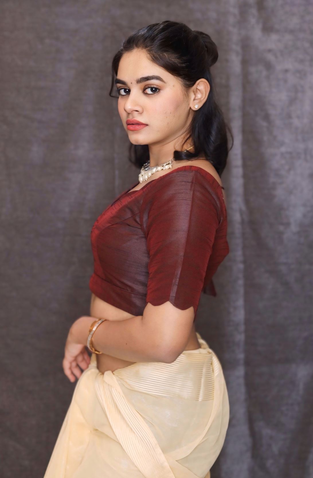 Maroon Art Silk Blouse With Curved V Neckline