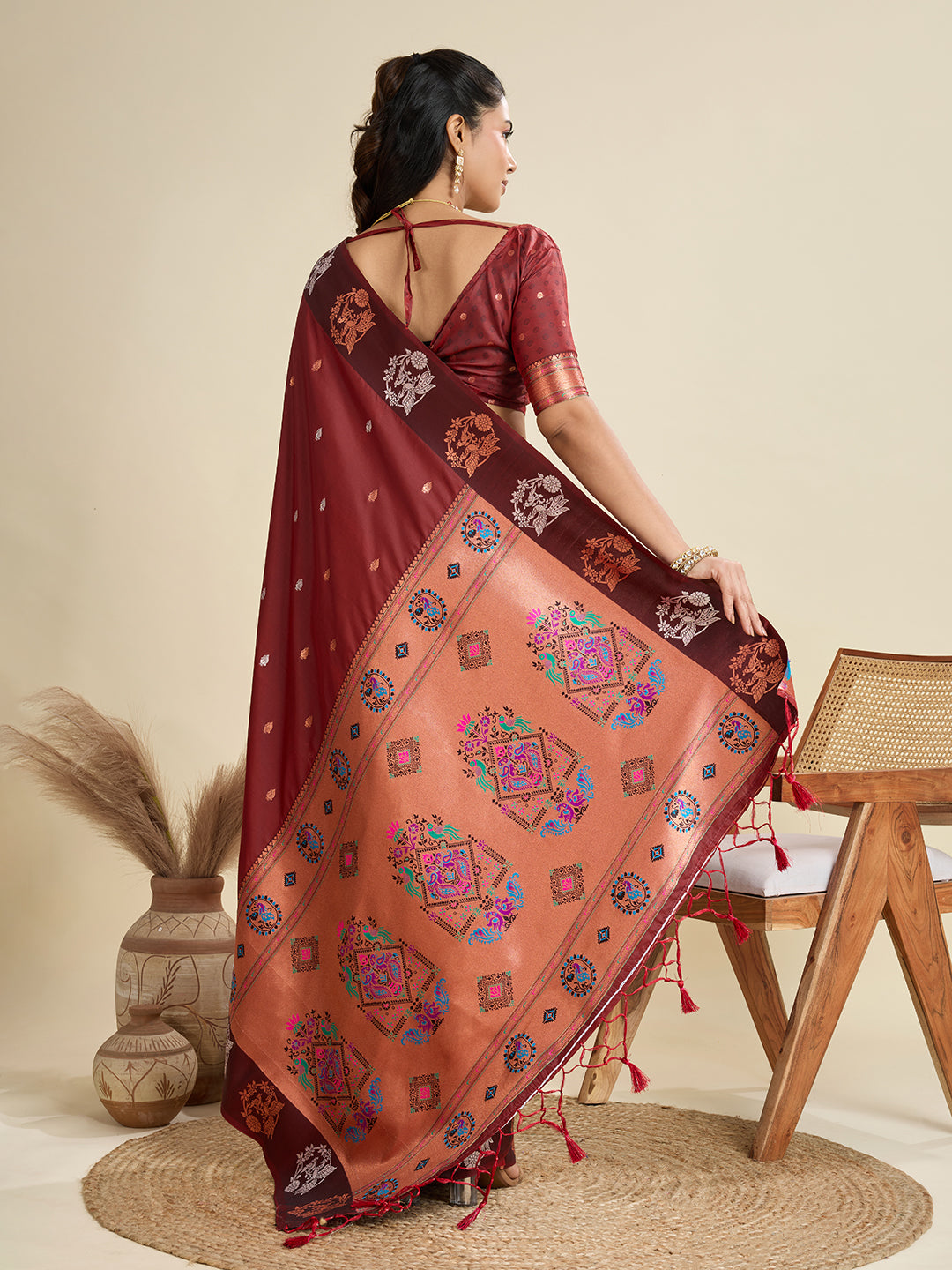 Maroon Banarasi Silk Saree with Silver Butti and Paithani Pallu