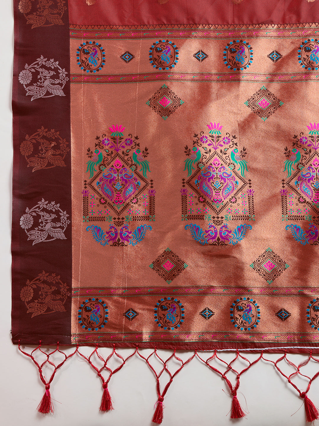 Maroon Banarasi Silk Saree with Silver Butti and Paithani Pallu