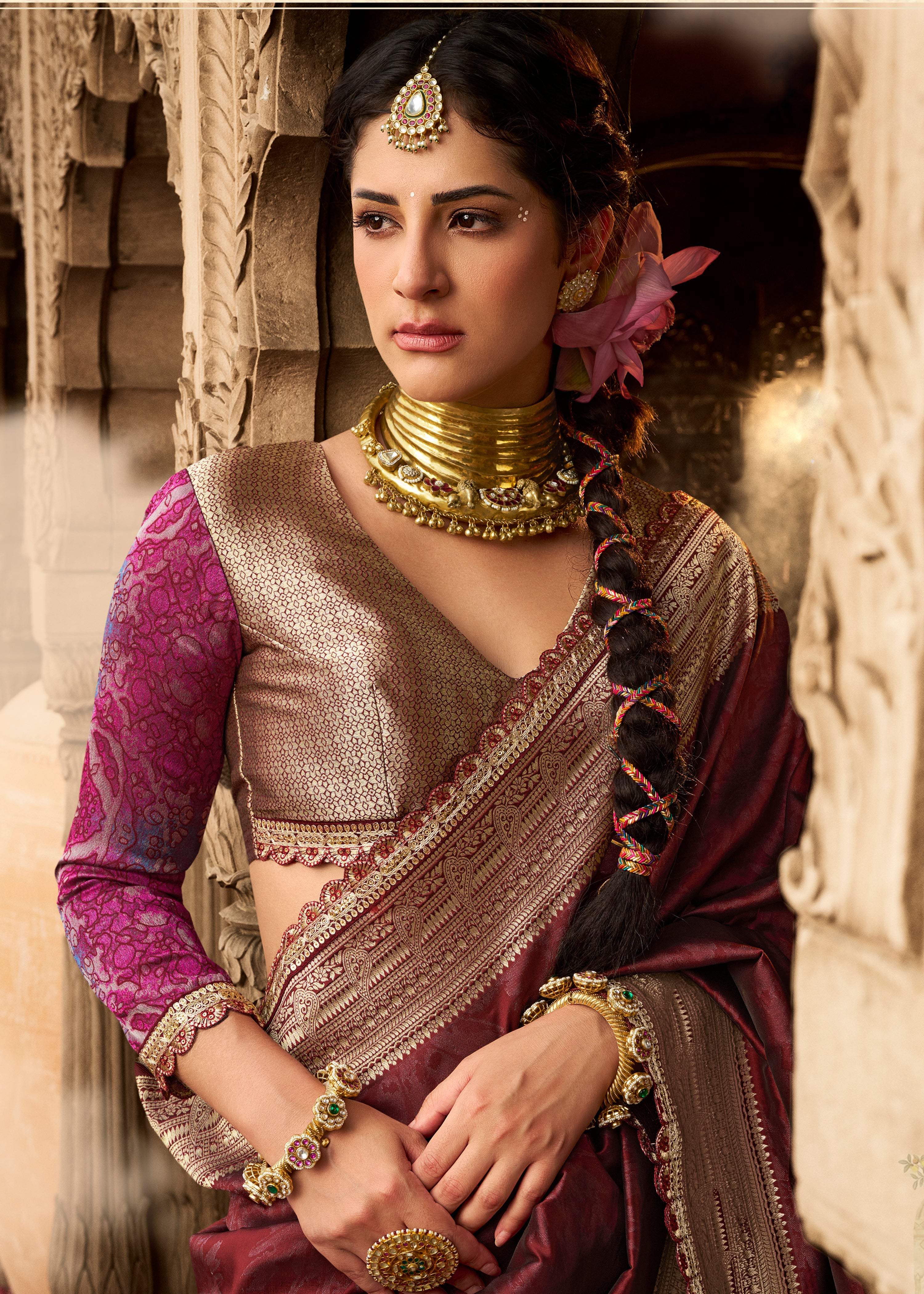 Maroon Banarasi Soft Silk Saree with Woven Lace Border