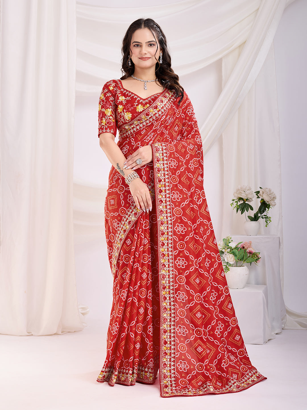 Maroon Bandhani Printed With Embroidery Work Beautiful Ceremonial Saree