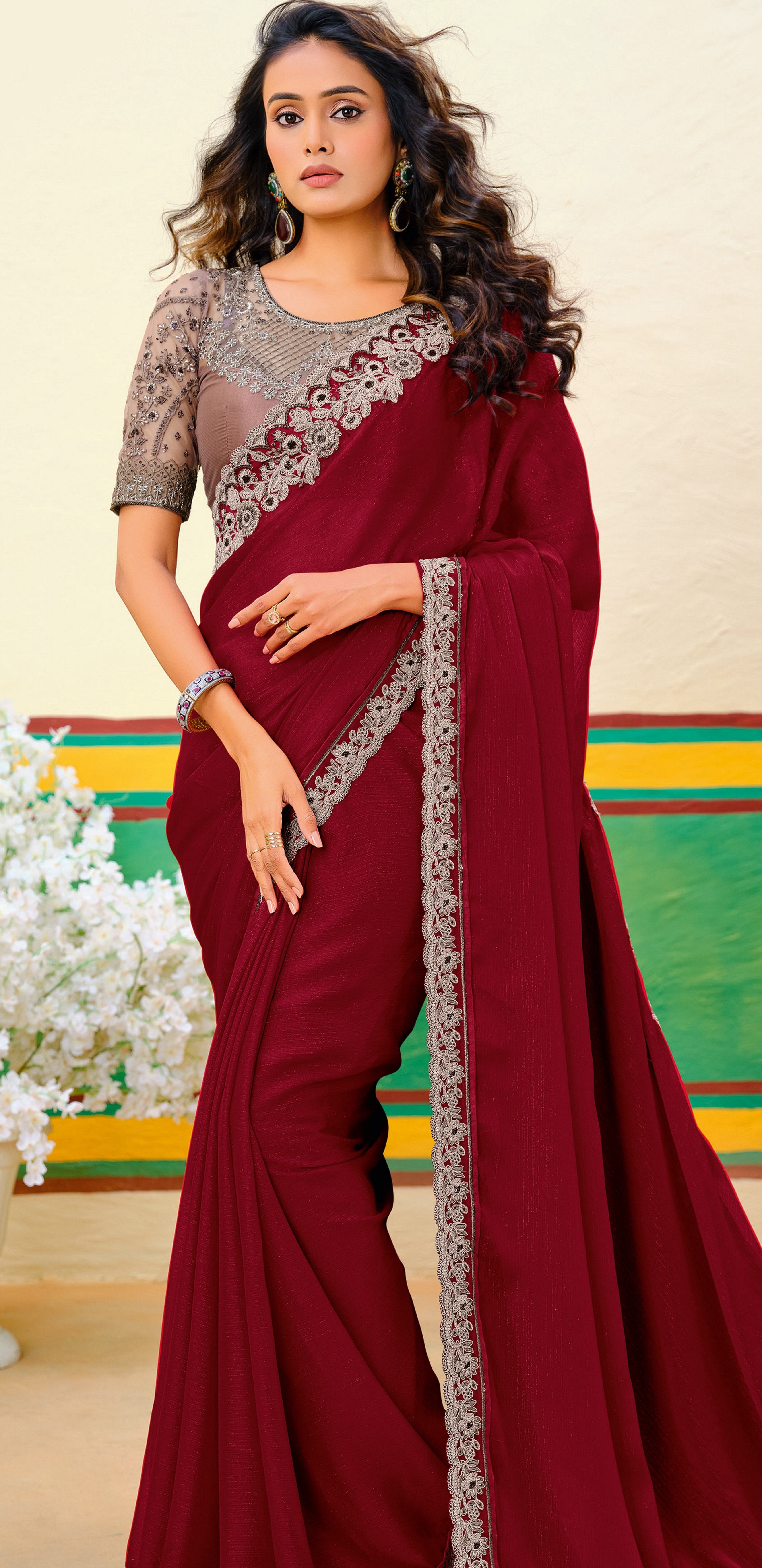 Maroon Beautiful Embroidered Heavy Partywear Saree