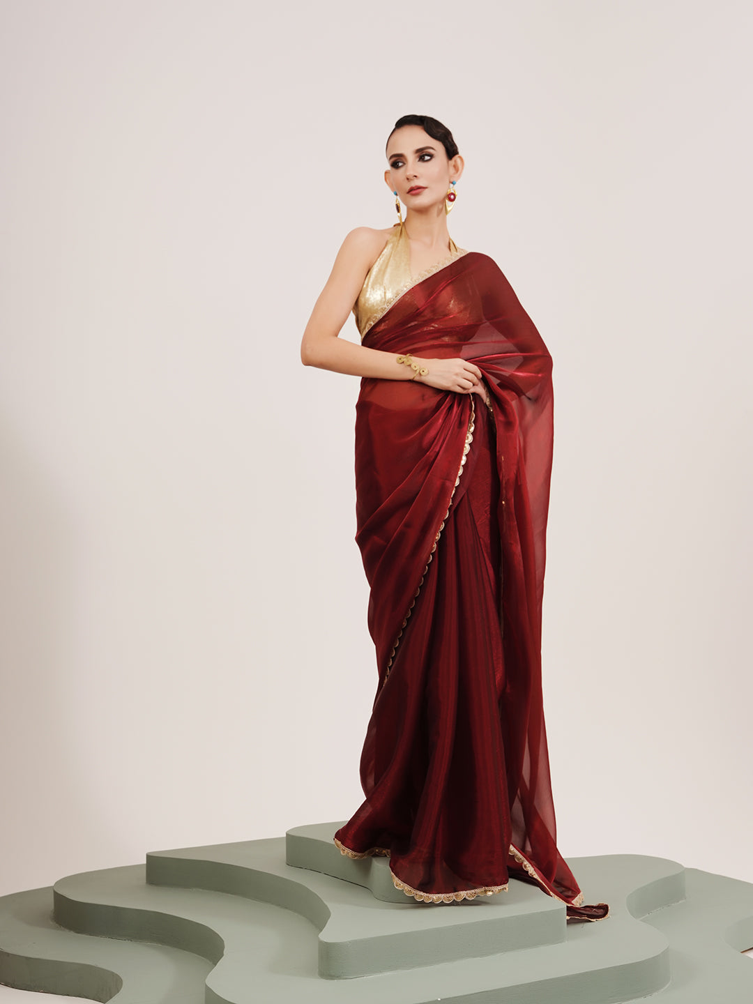 Maroon Beautiful Partywear Embellished Sequinned Organza Saree